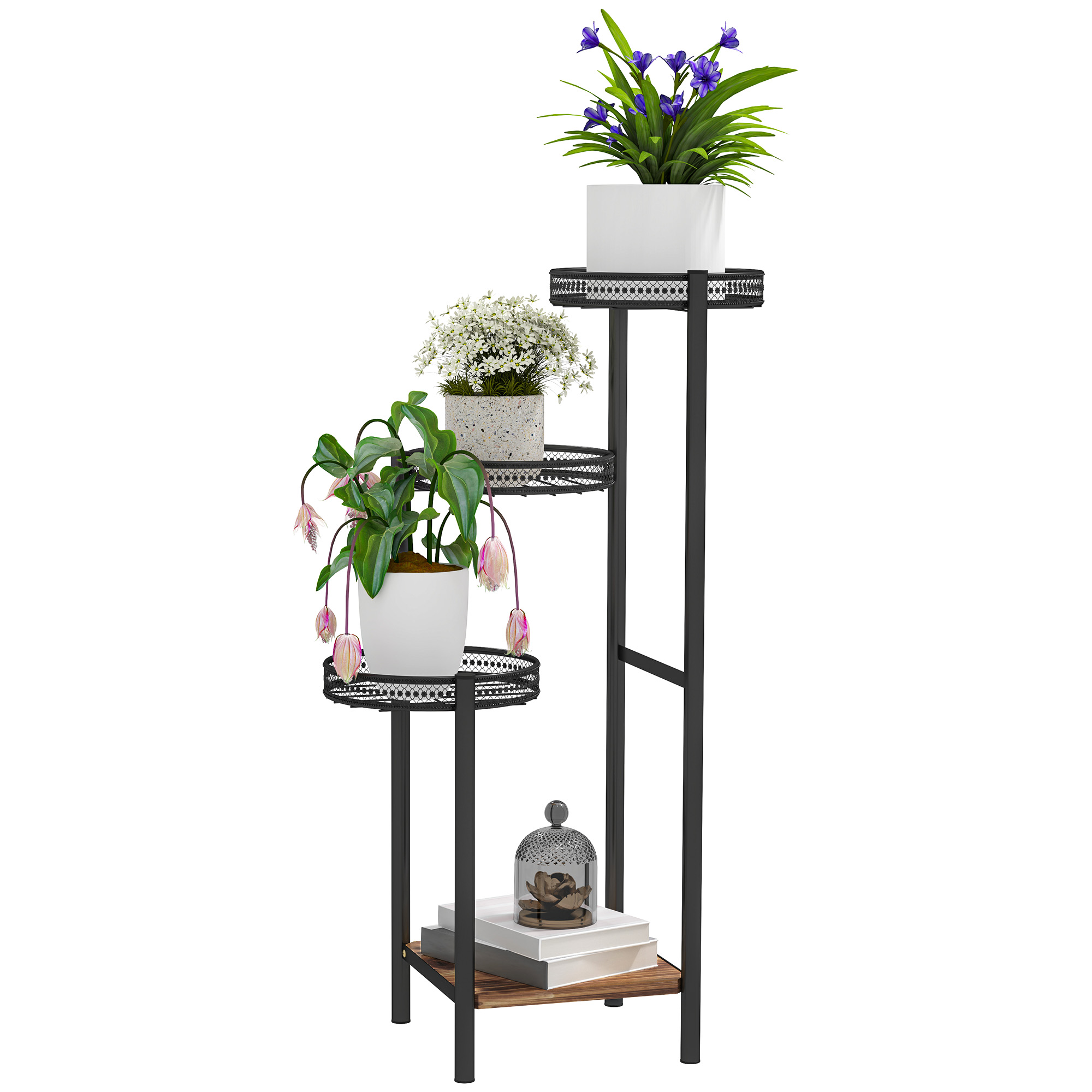 Outsunny Soporte para Plantas de 4 Niveles Soporte de Acero para Macetas Interior y Exterior 25x25x80 cm Negro