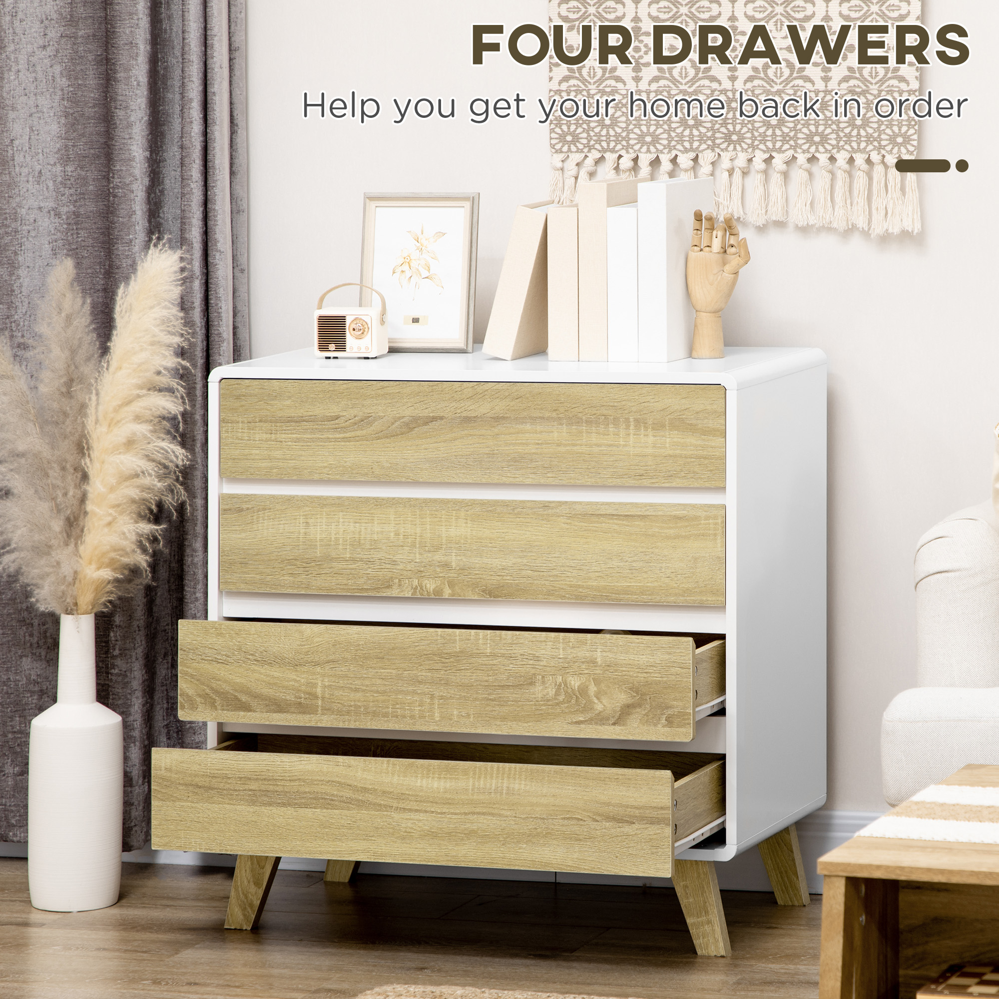 HOMCOM Chest of Four Drawers Wood-Effect/White 5