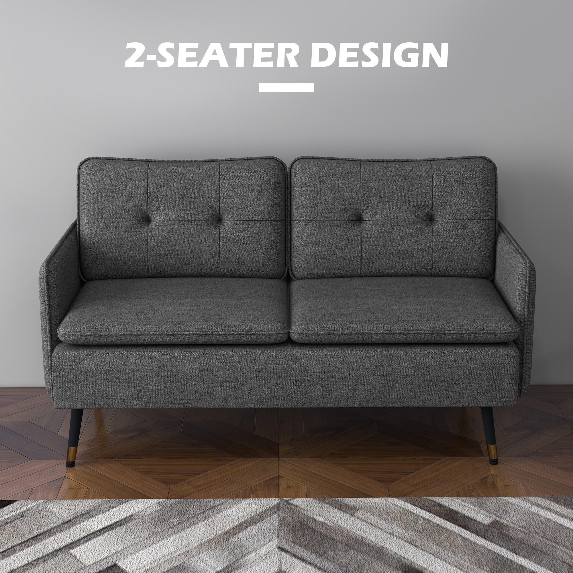 HOMCOM Modern Two Seater Sofa, Button Tufted Loveseat with Cushions and Steel Legs for Living Room, Guest Room, Dark Grey 6