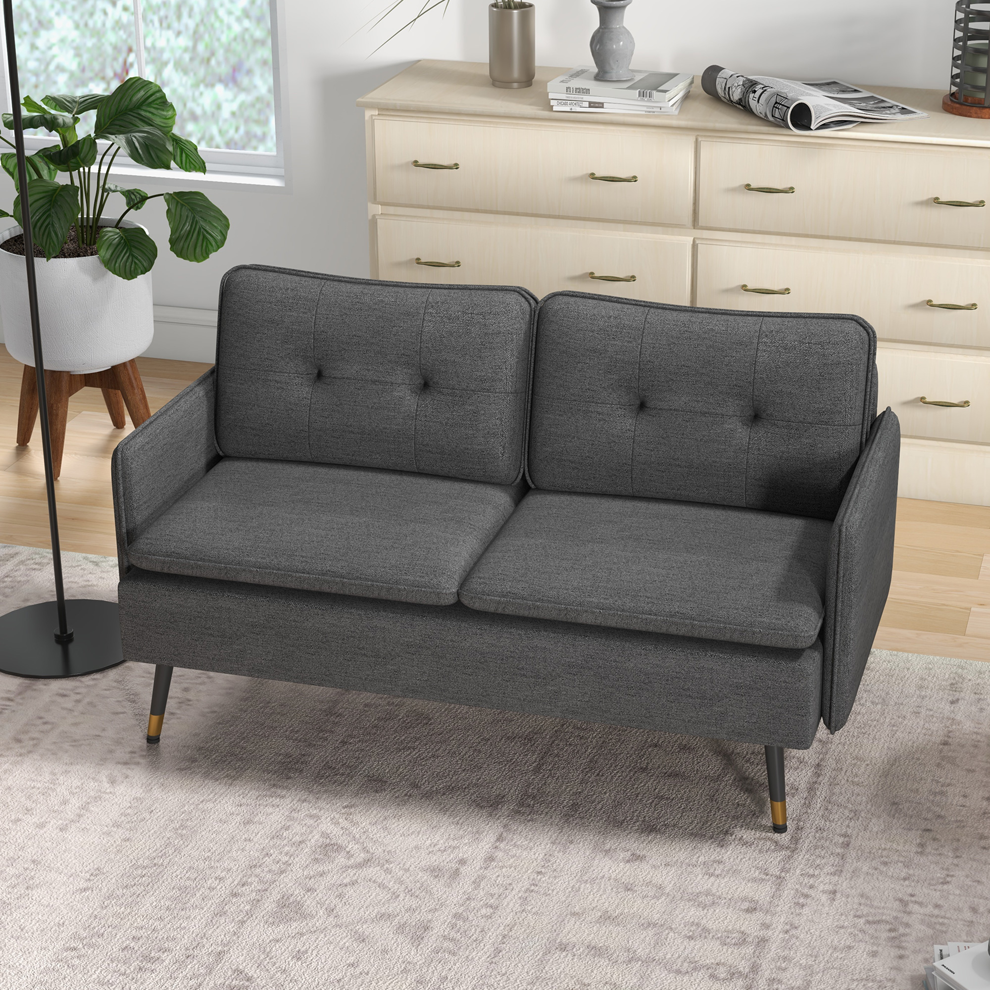 HOMCOM Modern Two Seater Sofa, Button Tufted Loveseat with Cushions and Steel Legs for Living Room, Guest Room, Dark Grey 7