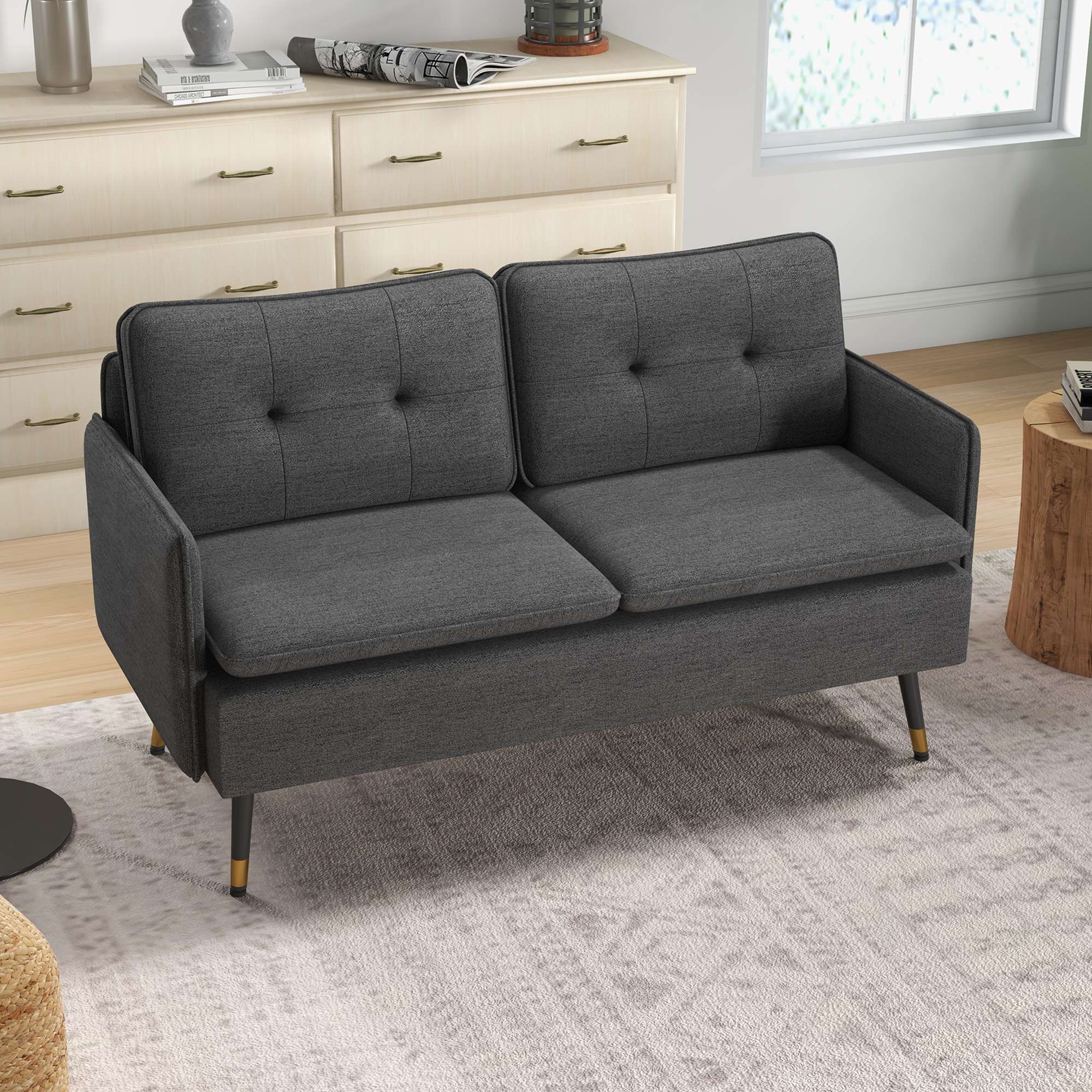 HOMCOM Modern Two Seater Sofa, Button Tufted Loveseat with Cushions and Steel Legs for Living Room, Guest Room, Dark Grey 2