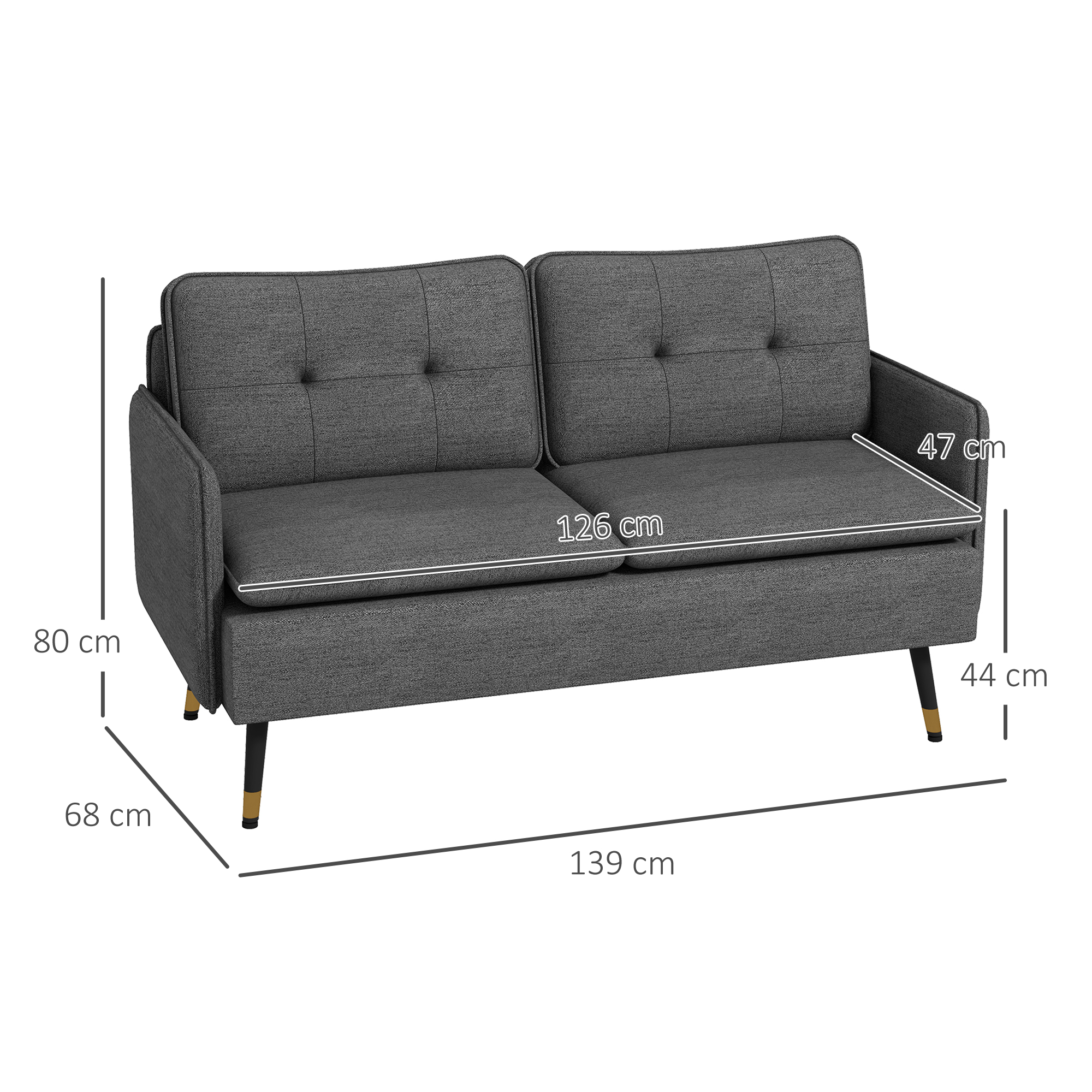 HOMCOM Modern Two Seater Sofa, Button Tufted Loveseat with Cushions and Steel Legs for Living Room, Guest Room, Dark Grey 3