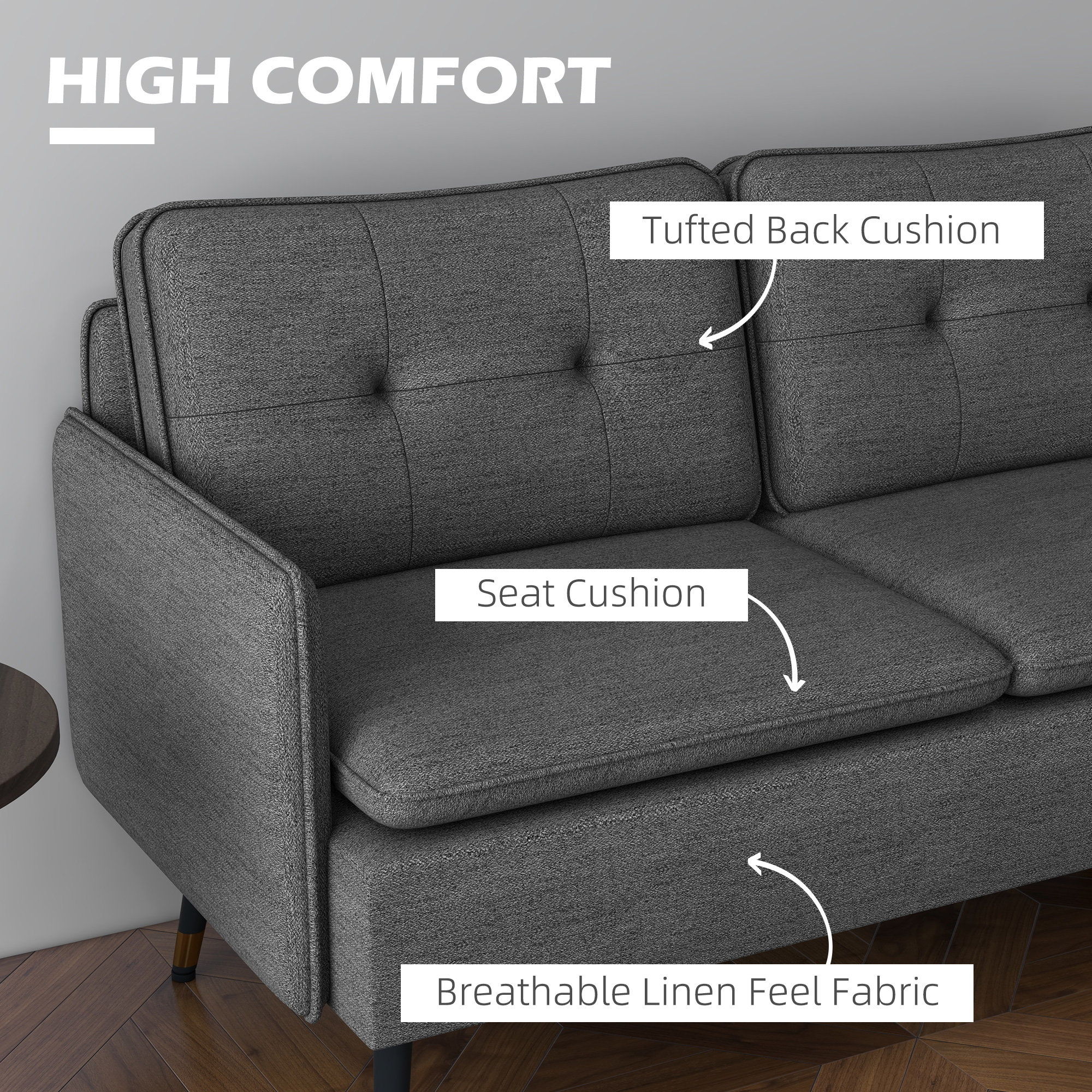 HOMCOM Modern Two Seater Sofa, Button Tufted Loveseat with Cushions and Steel Legs for Living Room, Guest Room, Dark Grey 4