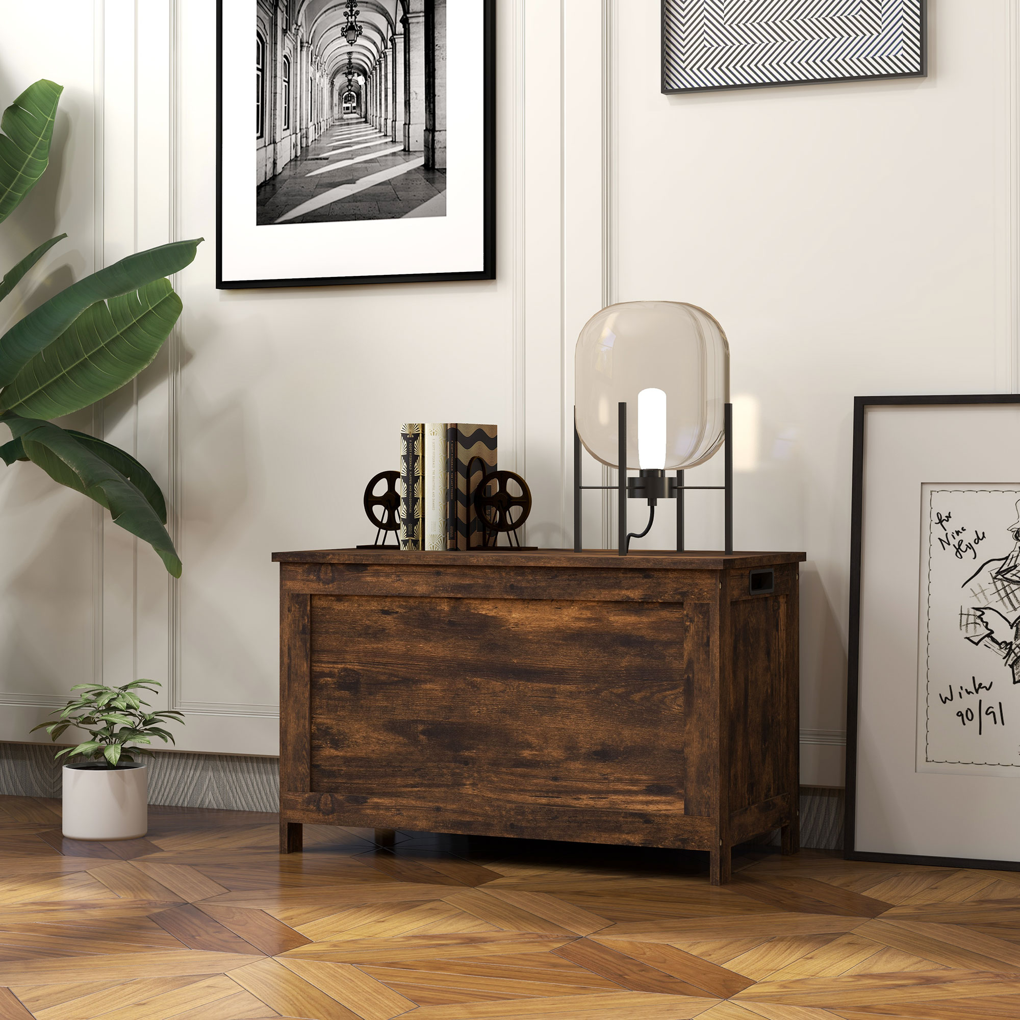 HOMCOM Storage Chest, Modern Storage Trunk with 2 Safety Hinges and Cut-out Handles, Wooden Toy Box for Living Room, Entryway, 76 x 40 x 48 cm, Rustic Brown 8
