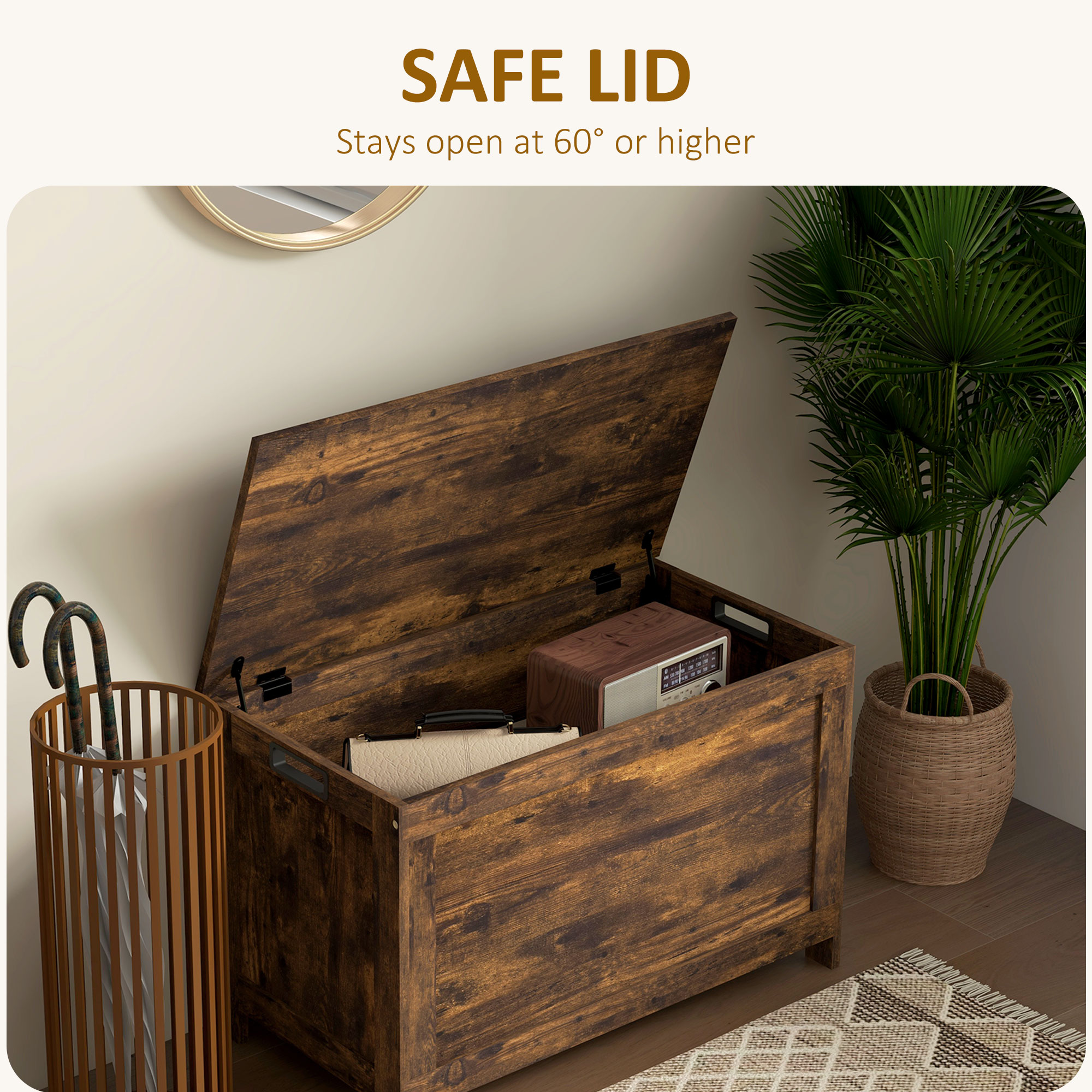 HOMCOM Storage Chest, Modern Storage Trunk with 2 Safety Hinges and Cut-out Handles, Wooden Toy Box for Living Room, Entryway, 76 x 40 x 48 cm, Rustic Brown 4
