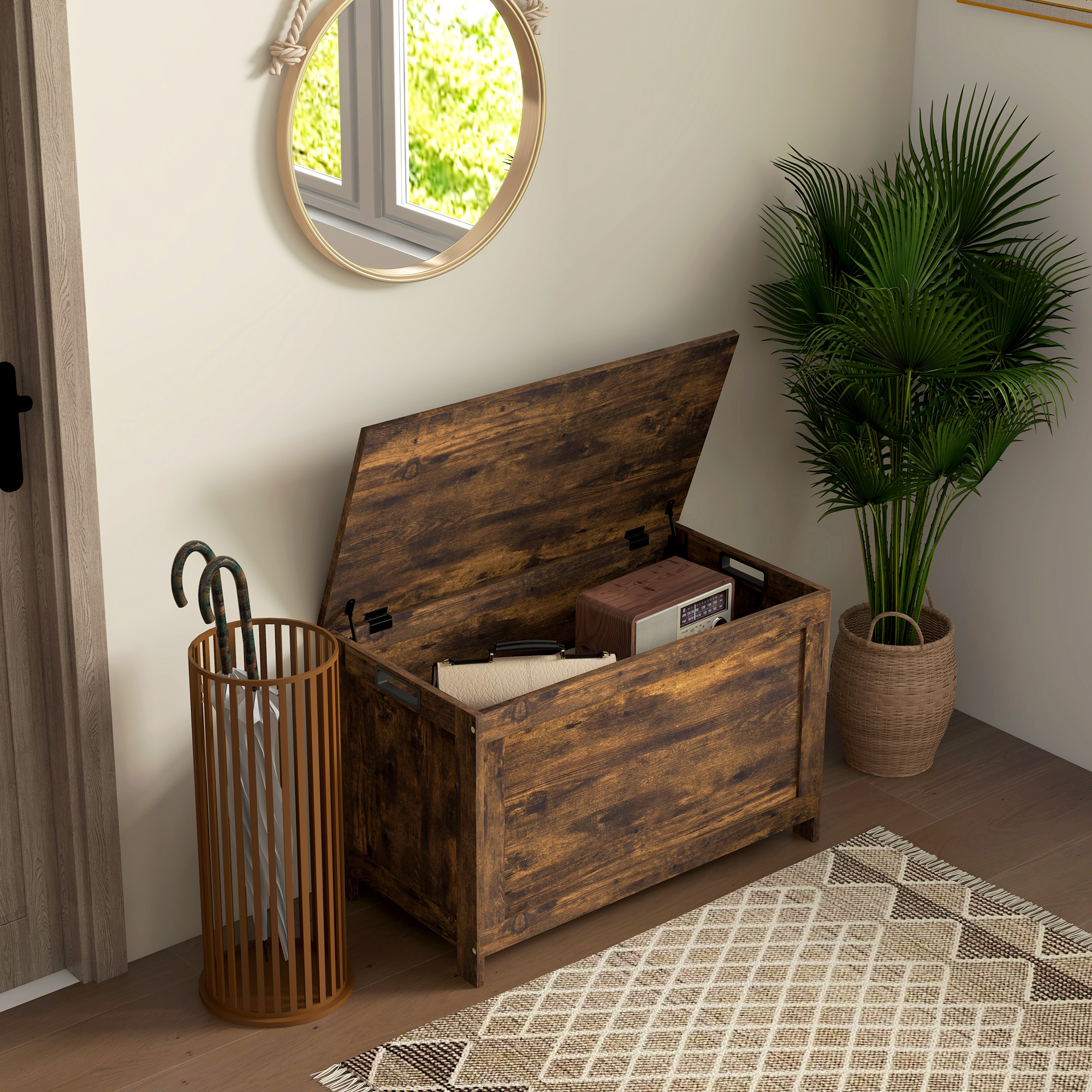 HOMCOM Storage Chest, Modern Storage Trunk with 2 Safety Hinges and Cut-out Handles, Wooden Toy Box for Living Room, Entryway, 76 x 40 x 48 cm, Rustic Brown 2