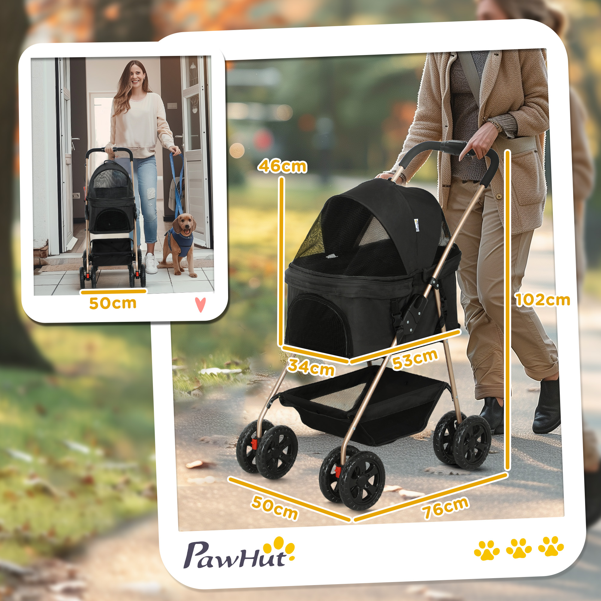 PawHut PawH 3-in-1 Pet Stroller, Folding 4 Wheel Dog Pram with Detachable Carrier for Mini Dogs, Cats, Black 3