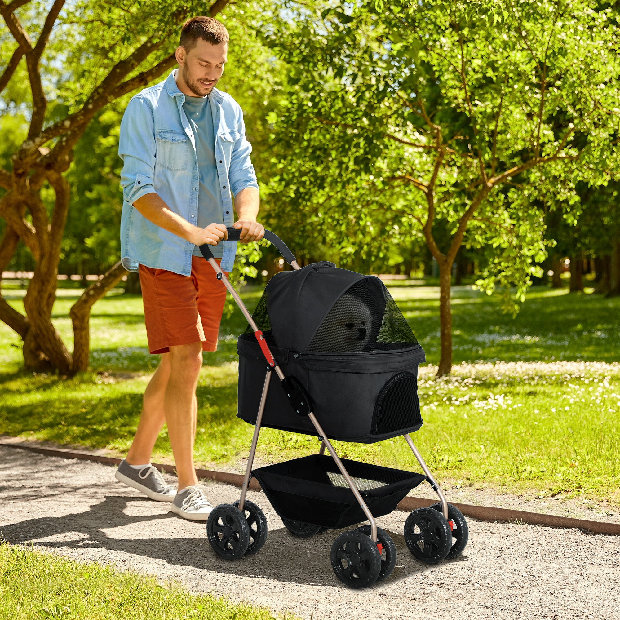 PawHut PawH 3-in-1 Pet Stroller, Folding 4 Wheel Dog Pram with Detachable Carrier for Mini Dogs, Cats, Black 2
