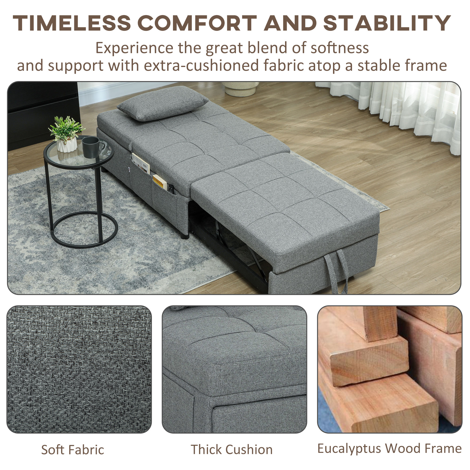 HOMCOM Four-In-One Single Sleeper Chair Dark Grey 7