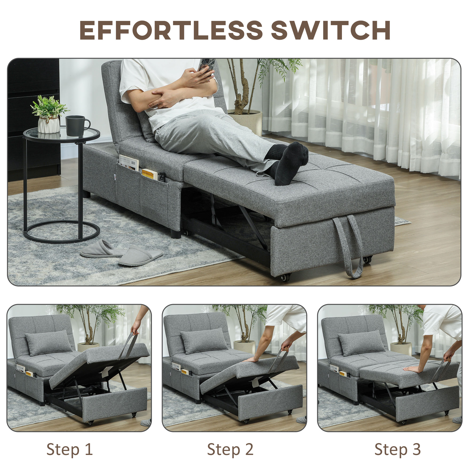 HOMCOM Four-In-One Single Sleeper Chair Dark Grey 4