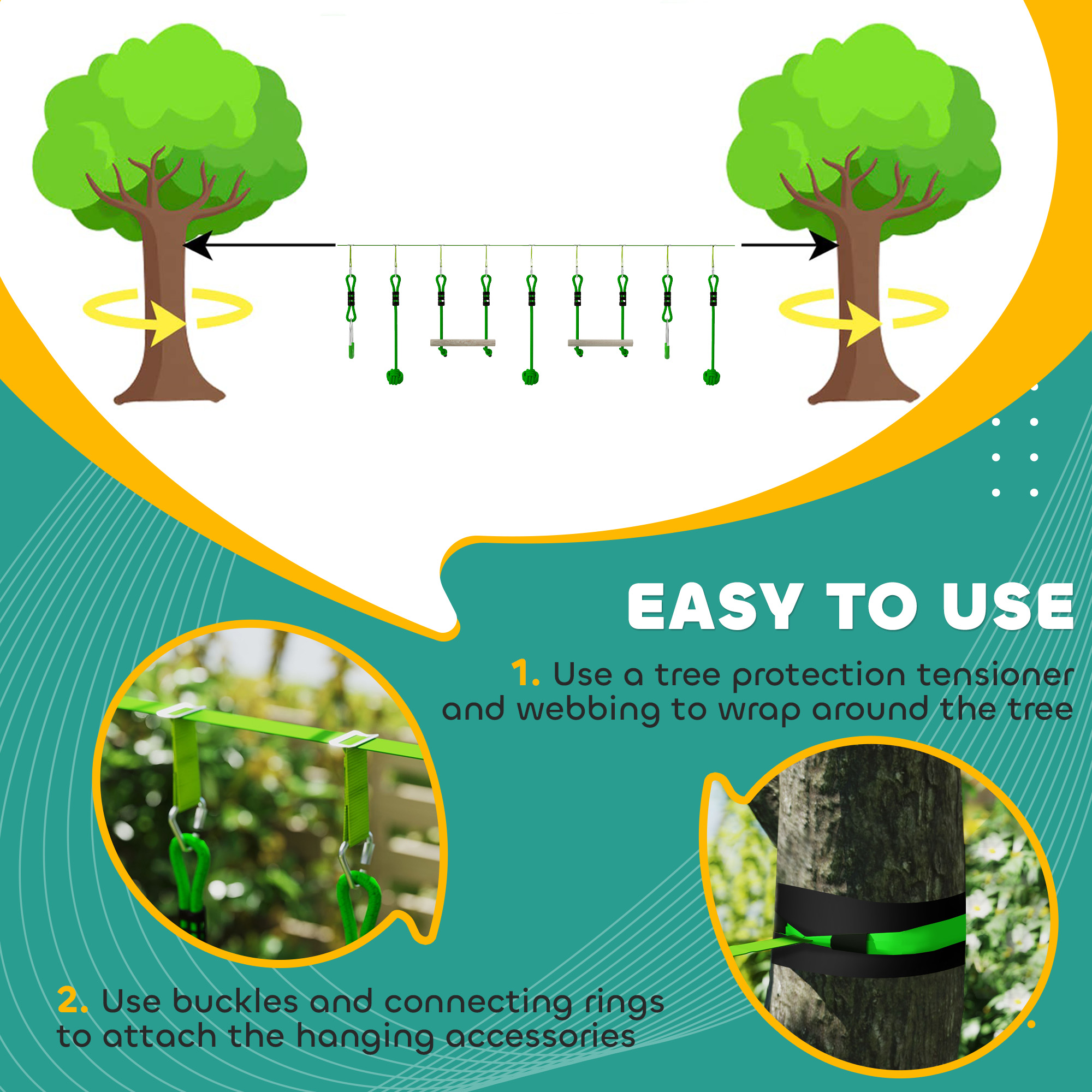 AIYAPLAY 7-Piece Kids Zip Line Kit for Garden, 10m Kids Slackline Kit with Wooden Monkey Bars, Metal Rings, Gripping Balls, Green 5