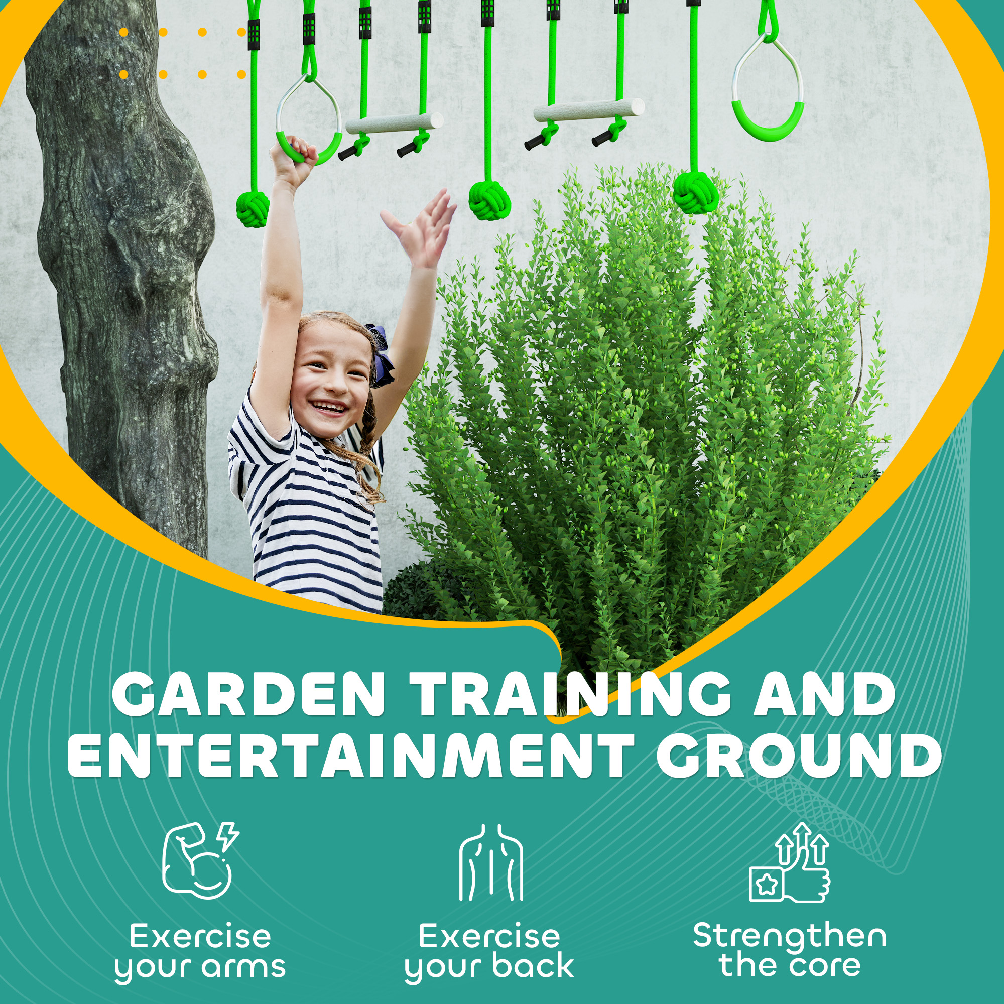 AIYAPLAY 7-Piece Kids Zip Line Kit for Garden, 10m Kids Slackline Kit with Wooden Monkey Bars, Metal Rings, Gripping Balls, Green 6