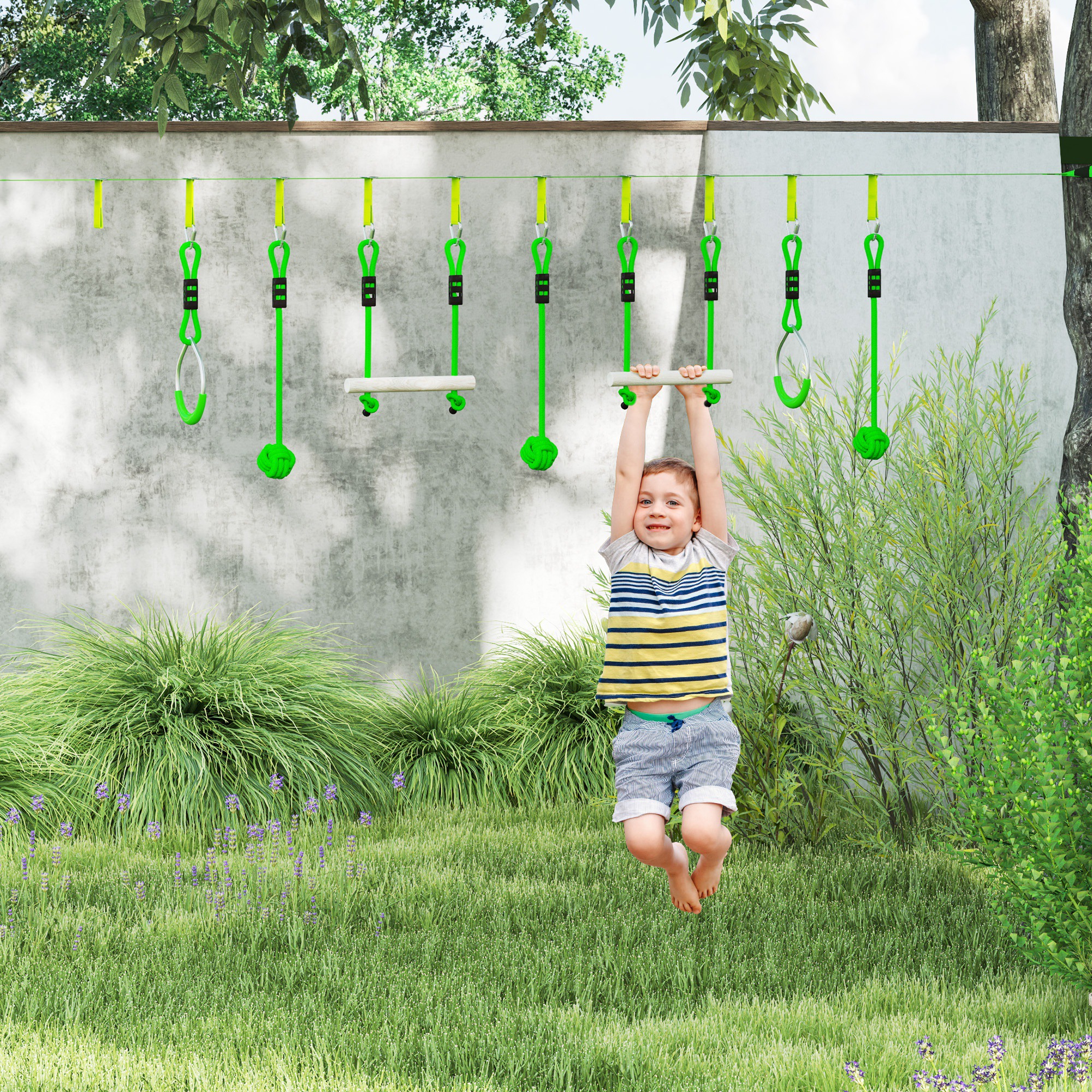 AIYAPLAY 7-Piece Kids Zip Line Kit for Garden, 10m Kids Slackline Kit with Wooden Monkey Bars, Metal Rings, Gripping Balls, Green 2