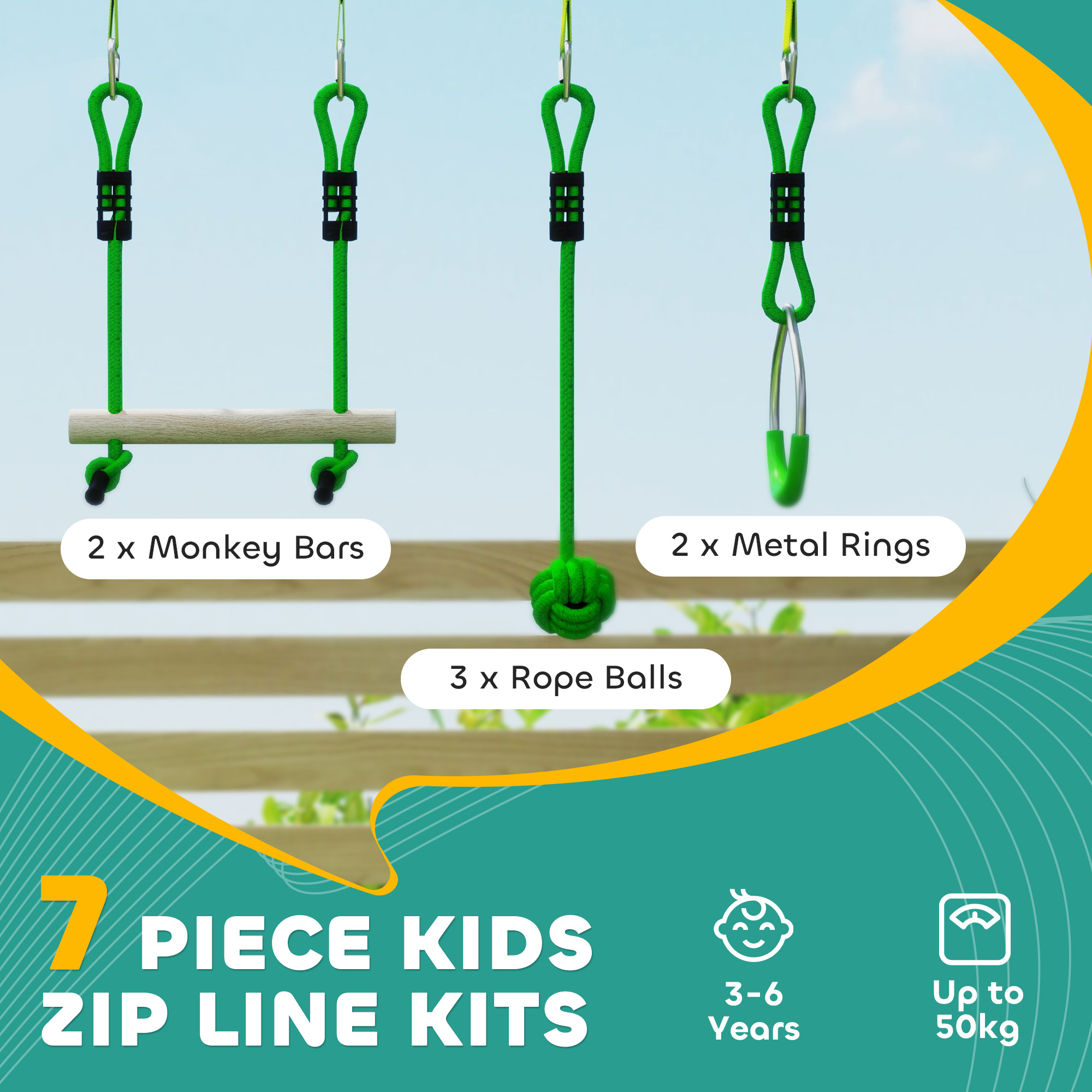 AIYAPLAY 7-Piece Kids Zip Line Kit for Garden, 10m Kids Slackline Kit with Wooden Monkey Bars, Metal Rings, Gripping Balls, Green 4
