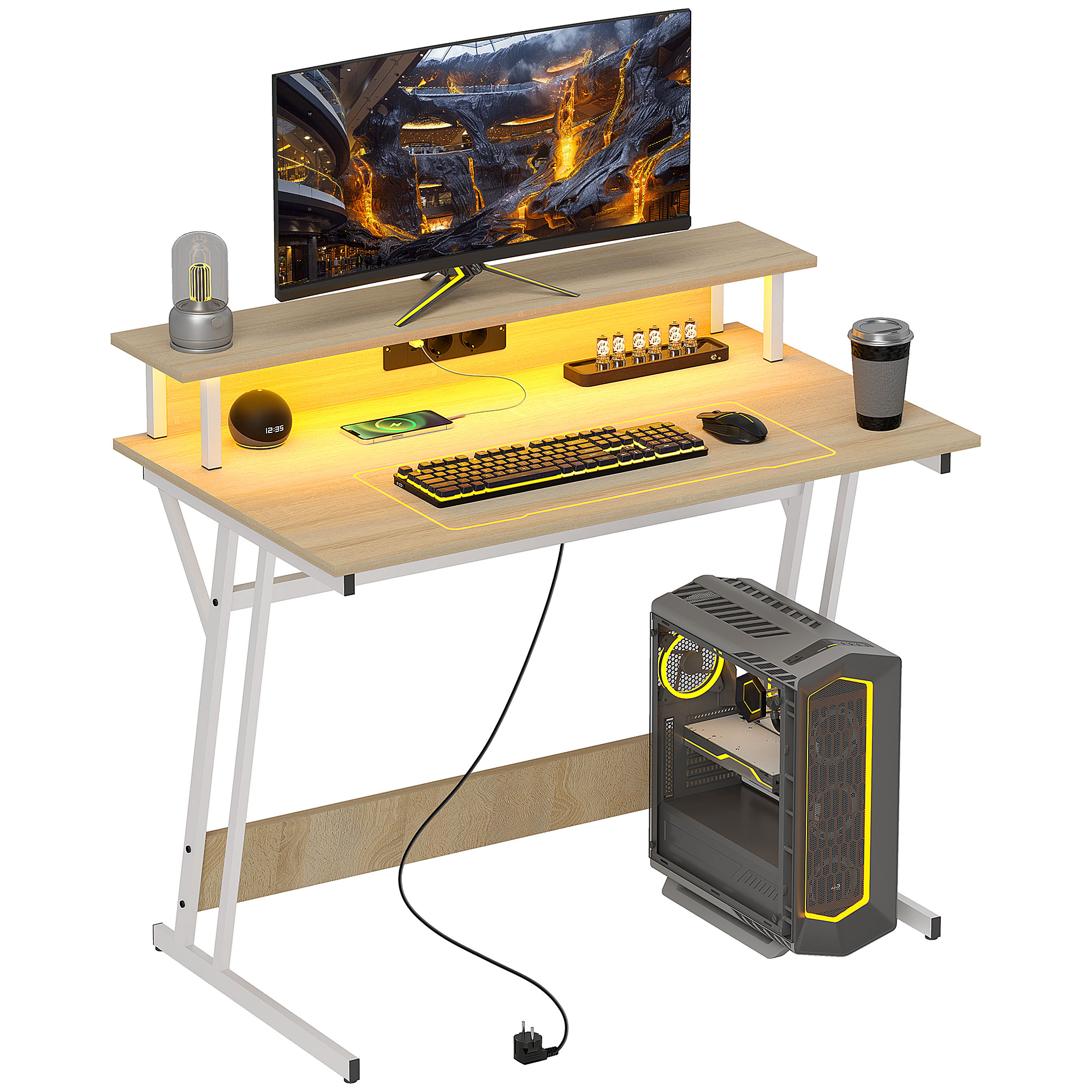 HOMCOM Escritorio Gaming con Luces LED 100x60 cm omas de Corriente Soporte para Monitor Estantes y Control Remoto Natural