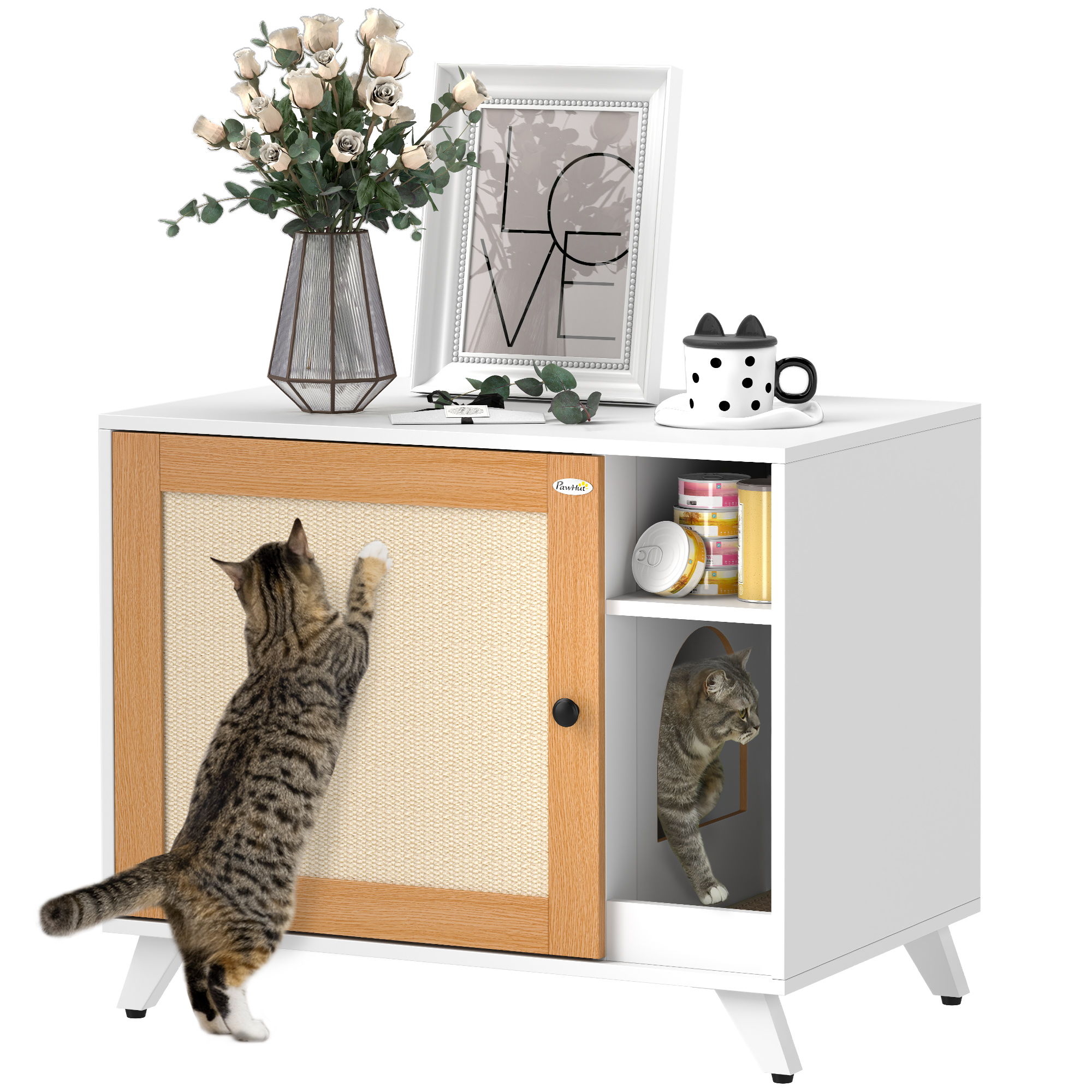 PawHut Mueble Arenero para Gatos con Puerta de Sisal Mesa Auxiliar Estante y Alfombrilla Antiarena 77x50x63 cm Blanco