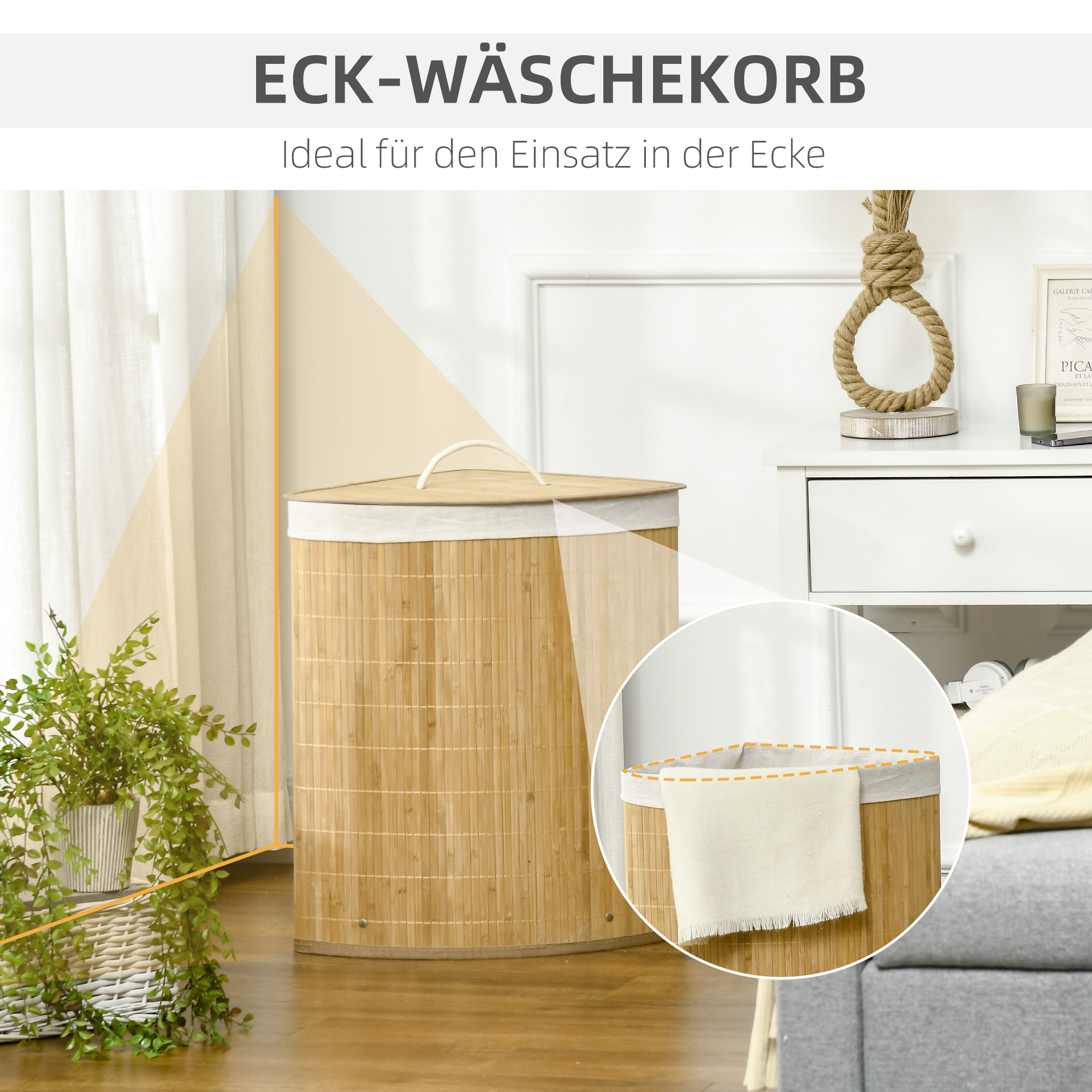 HOMCOM Wäschekorb aus Bambus, Ecke, 55L mit Deckel und abnehmbarem Beutel 38 x 38 x 57 cm Naturholz und Weiß