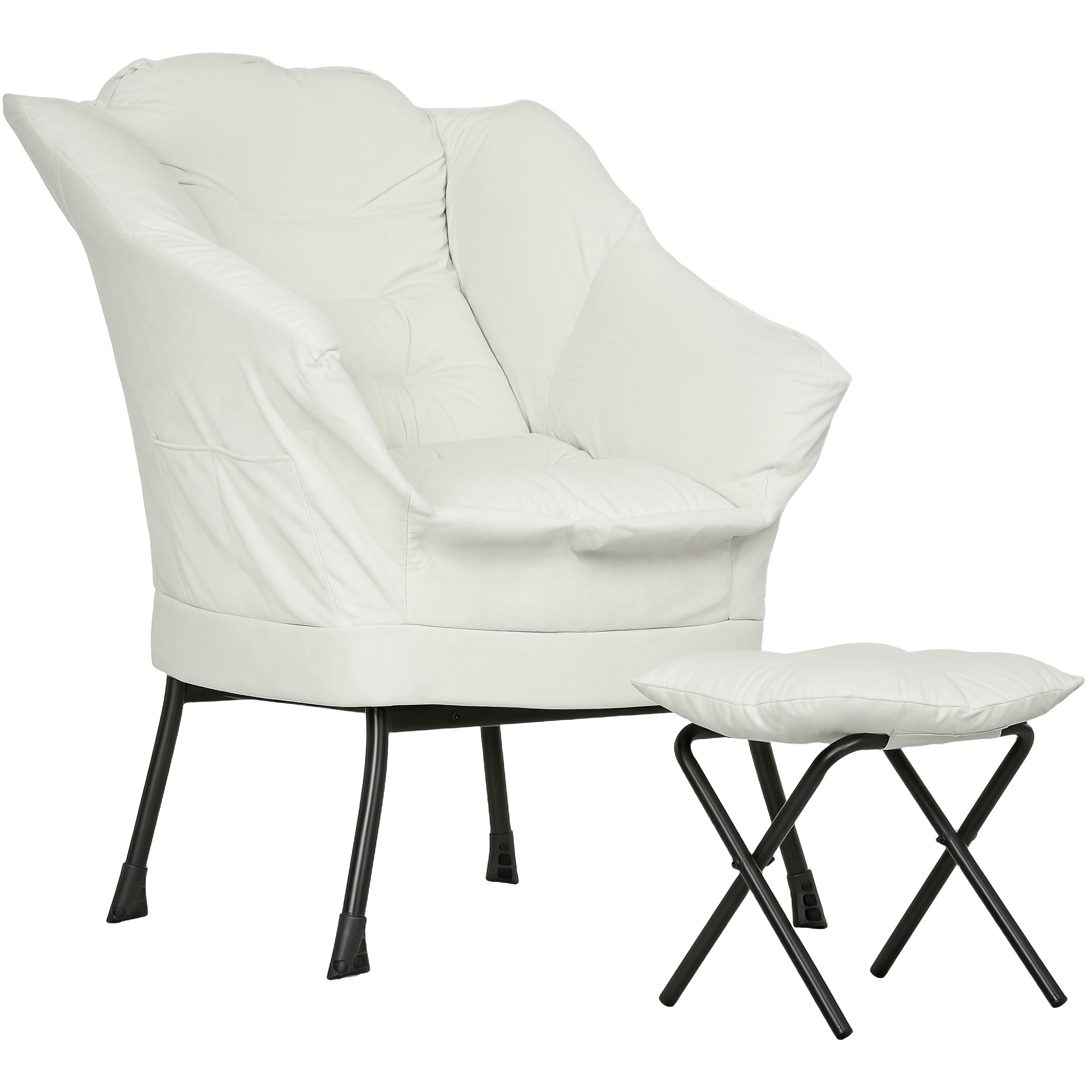HOMCOM Sillón de Salón con Otomana Sillón de Relax con Bolsillos Laterales y Patas de Acero para Sala de Estar Dormitorio Crema