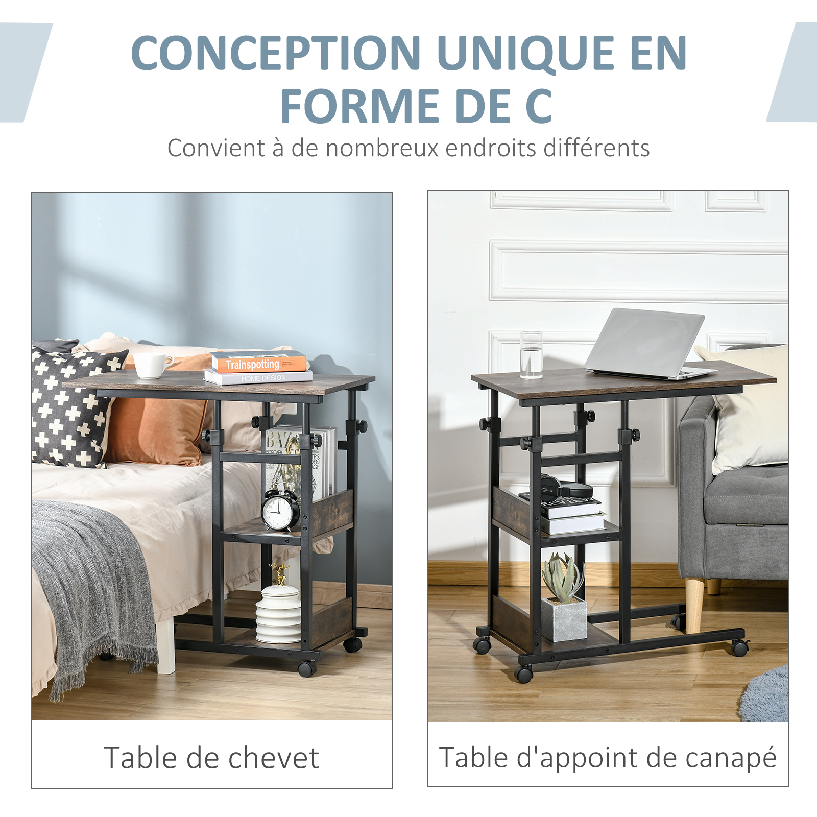 Table D’appoint En Forme De C Réglable En Hauteur - Plateau Pivotant 360° - Pour Canapé, Lit, Salon