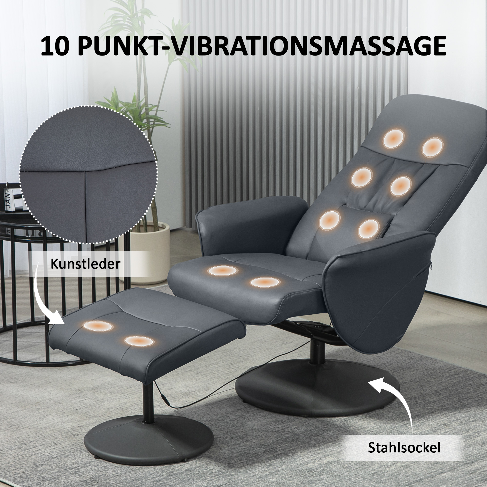 Massaažitool jalapingiga, ergonoomiline tool 10 vibratsioonipunktiga, kunstnahk, 76 x 81 x 105 cm, tumehall