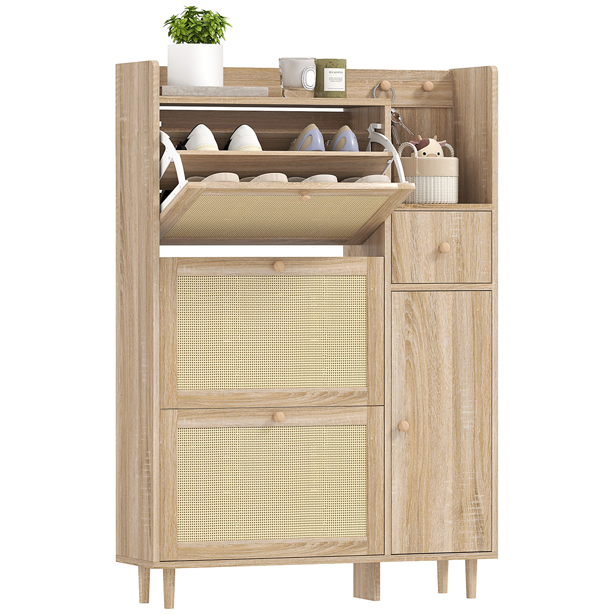 HOMCOM Zapatero con 3 Cajones Abatibles con Frentes de Ratán Cajón y Armario para Decoraciones y Llaves 80x23x120 cm Roble