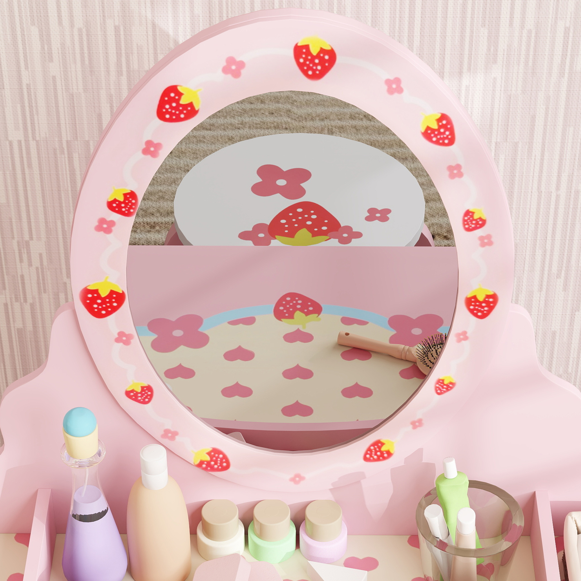 AIYAPLAY Kids Dressing Table Set, Vanity Table with Stool, Mirror, Drawer, Desktop, Storage, Strawberry-Theme, Pink 9