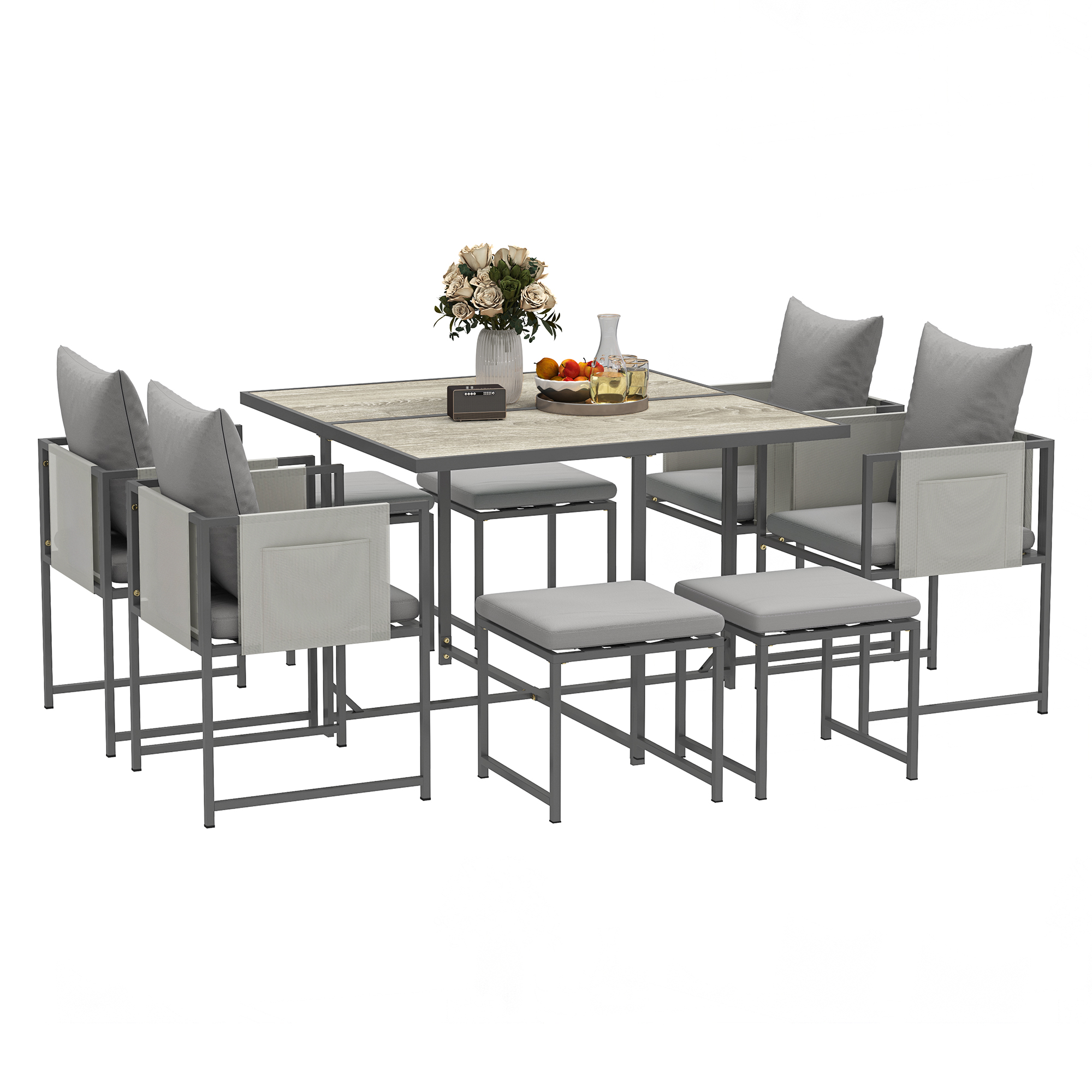 Outsunny Set Mobili da Giardino con Tavolo da Pranzo, 4 Sedie da Esterno e 4 Sgabelli Poggiapiedi, Grigio