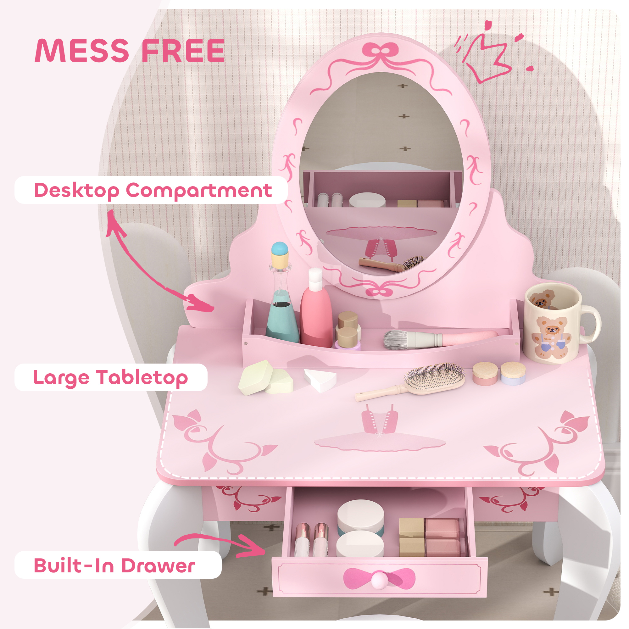 AIYAPLAY Kids Dressing Table Set, Vanity Table with Stool, Mirror, Drawer, Desktop, Storage, Ballet-Theme, Pink 5