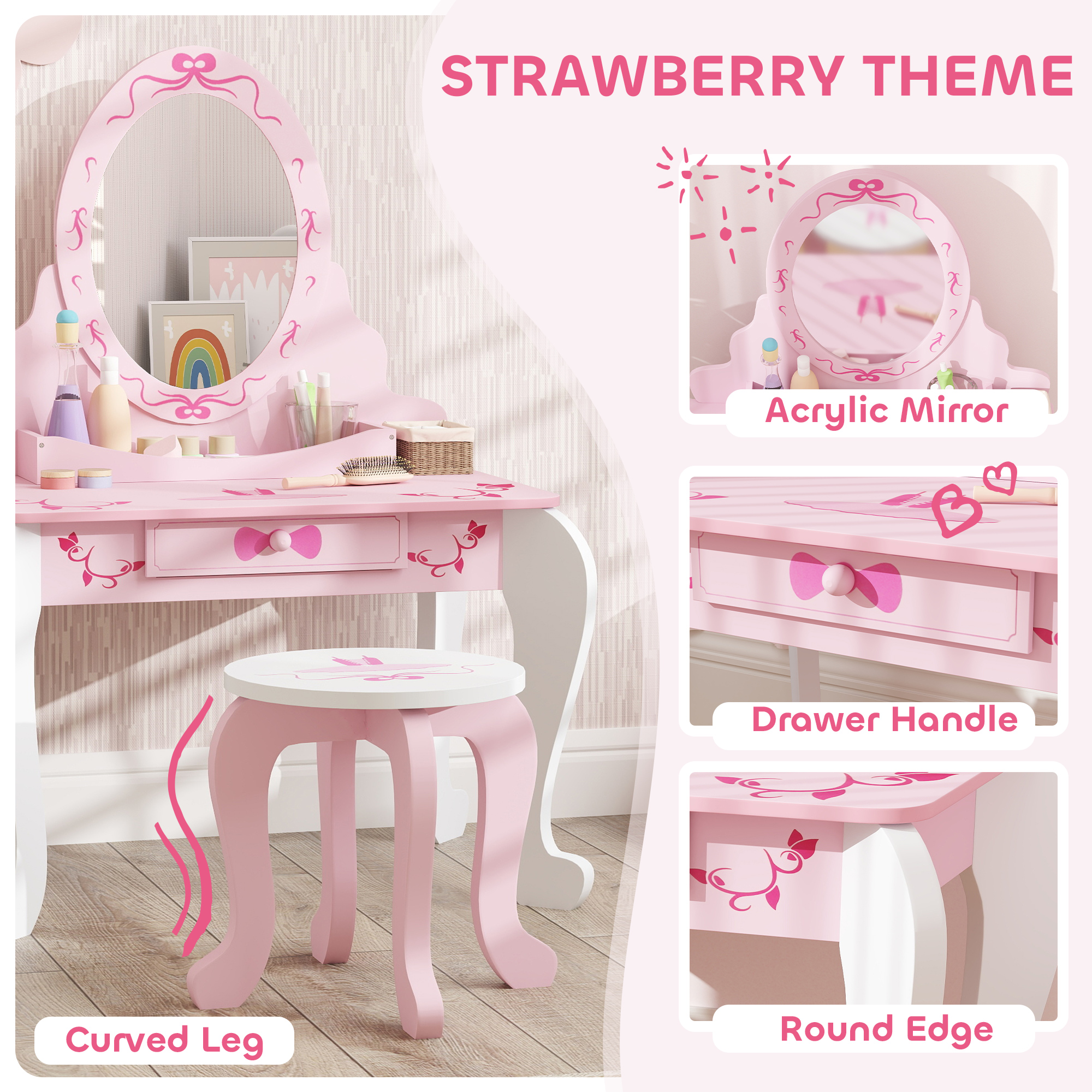 AIYAPLAY Kids Dressing Table Set, Vanity Table with Stool, Mirror, Drawer, Desktop, Storage, Ballet-Theme, Pink 6