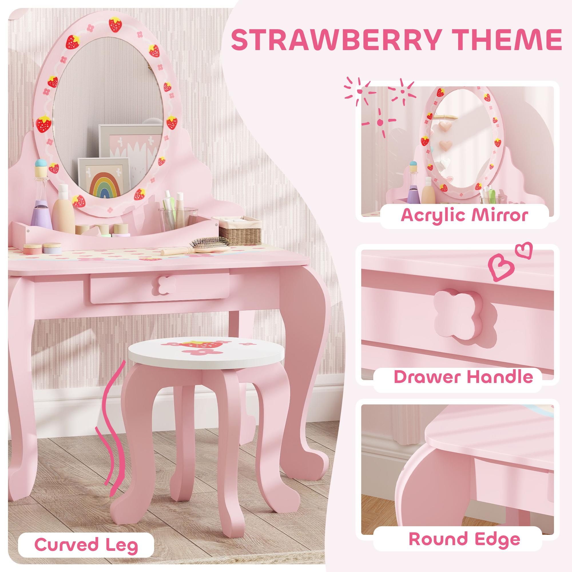 AIYAPLAY Kids Dressing Table Set, Vanity Table with Stool, Mirror, Drawer, Desktop, Storage, Strawberry-Theme, Pink 6