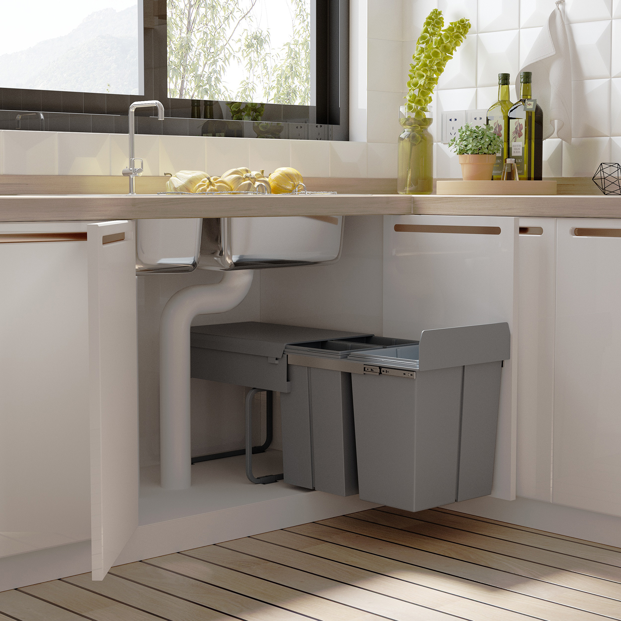 Aladin 40 - Pattumiera Da Incasso Per Cucina, Grigio, 1x16 Litri, Plastica, Lavabile In Lavastoviglie, Guida In Acciaio Zincato