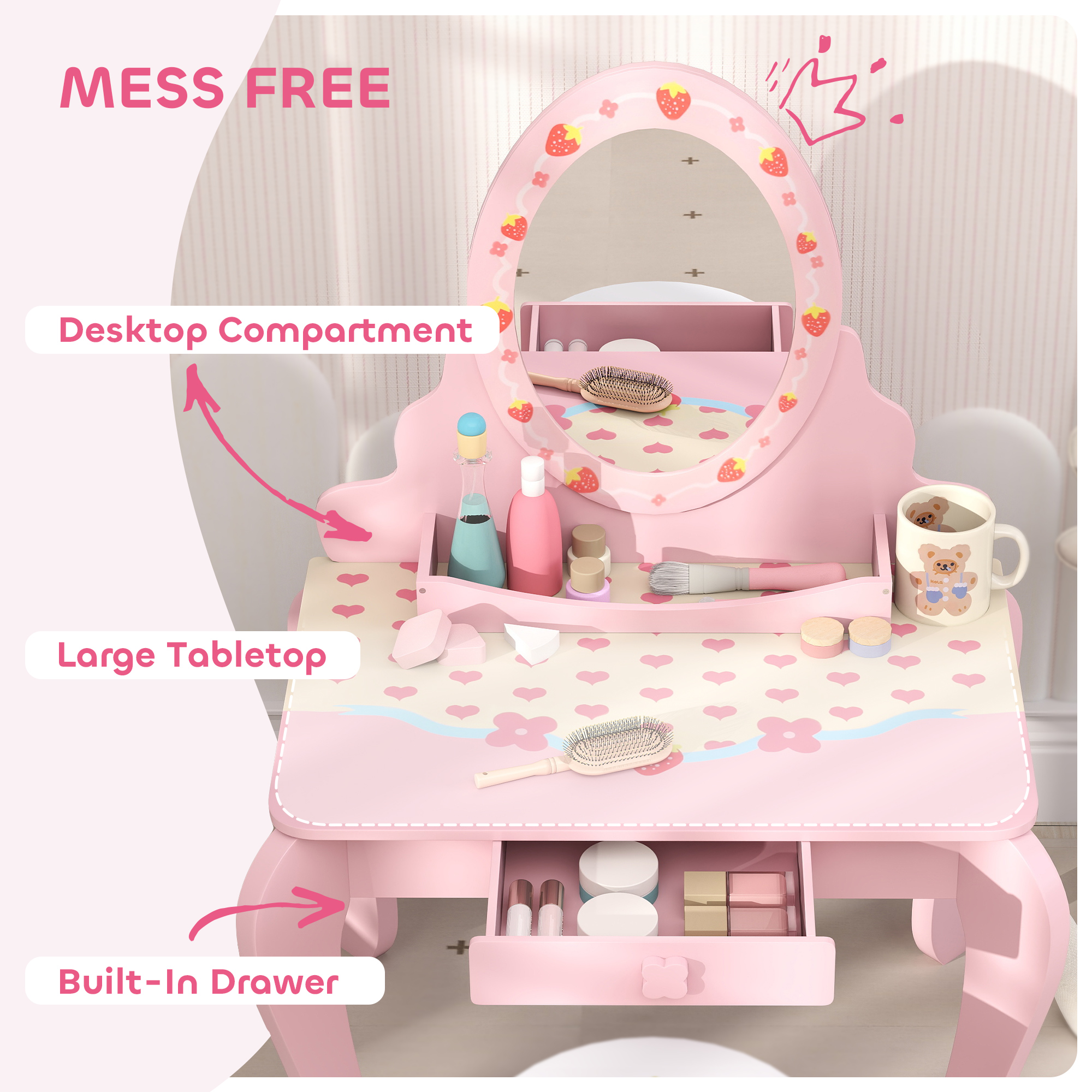AIYAPLAY Kids Dressing Table Set, Vanity Table with Stool, Mirror, Drawer, Desktop, Storage, Strawberry-Theme, Pink 5