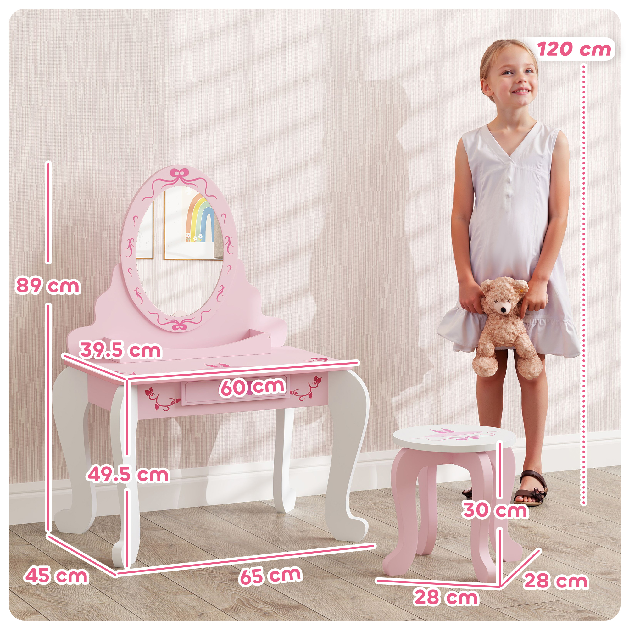 AIYAPLAY Kids Dressing Table Set, Vanity Table with Stool, Mirror, Drawer, Desktop, Storage, Ballet-Theme, Pink 3