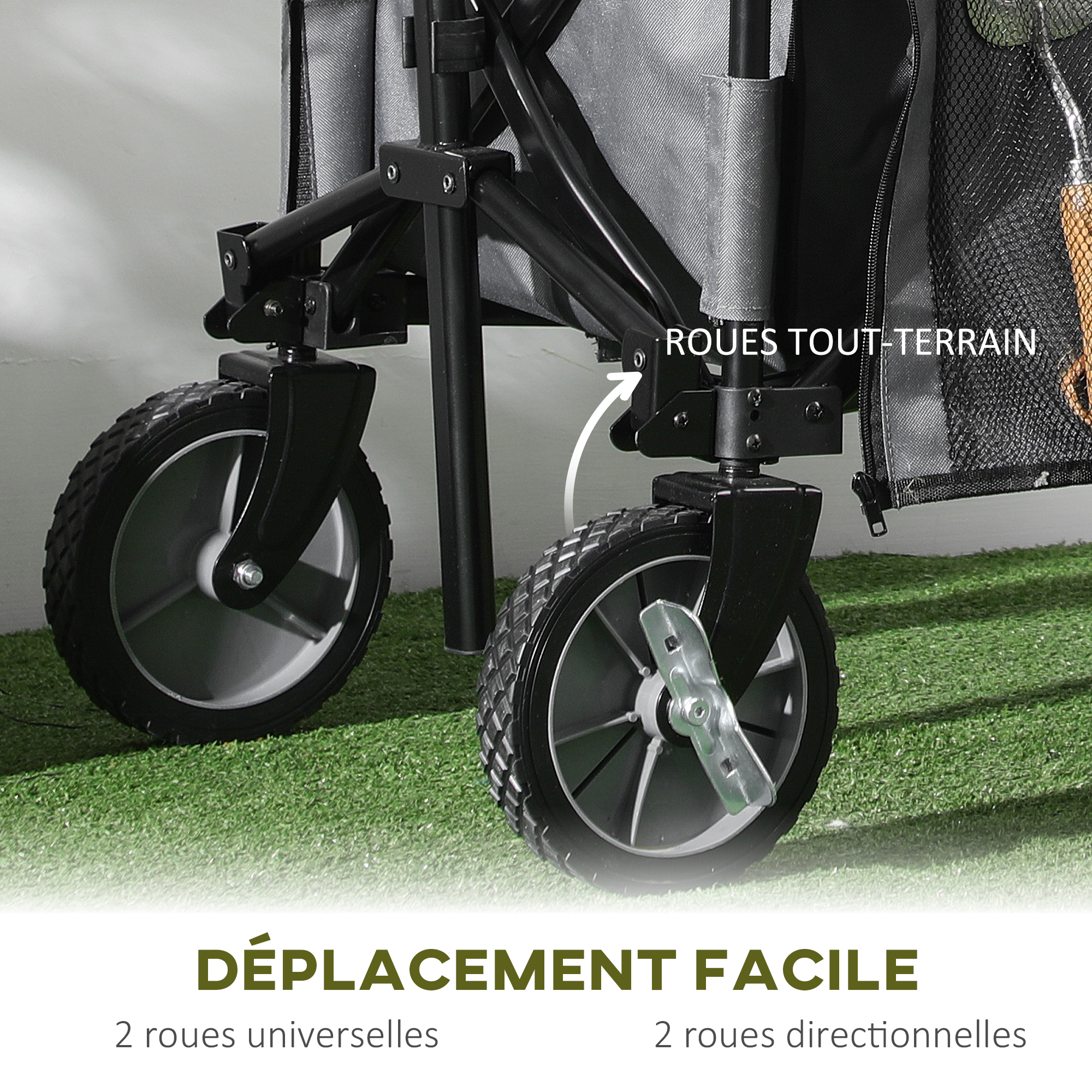 Outsunny Chariot Jardin Pliable 130 L – 120 Kg Capacité, Sac Amovible Oxford, Roues 360°, Poignée Télescopique – Noir