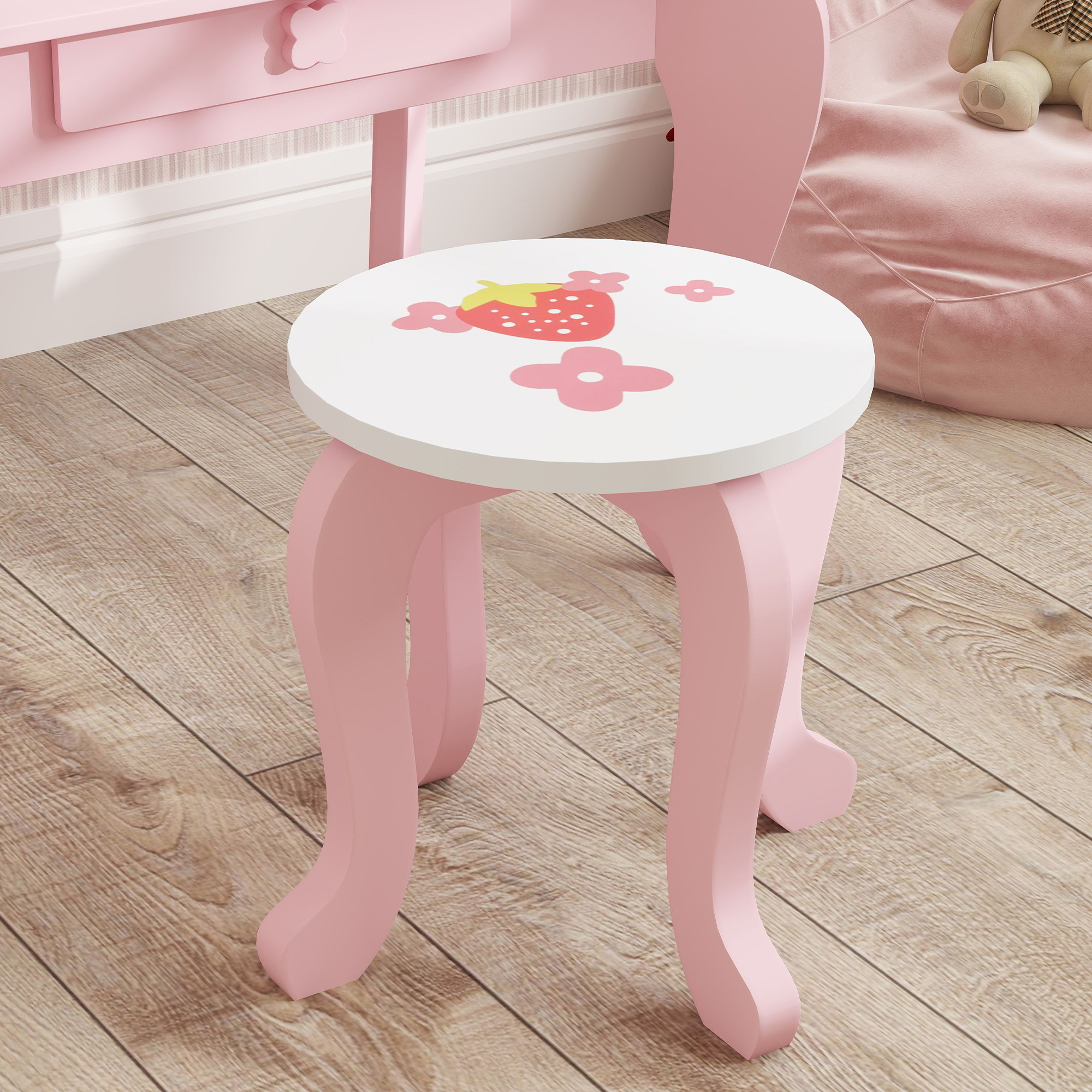 AIYAPLAY Kids Dressing Table Set, Vanity Table with Stool, Mirror, Drawer, Desktop, Storage, Strawberry-Theme, Pink 8
