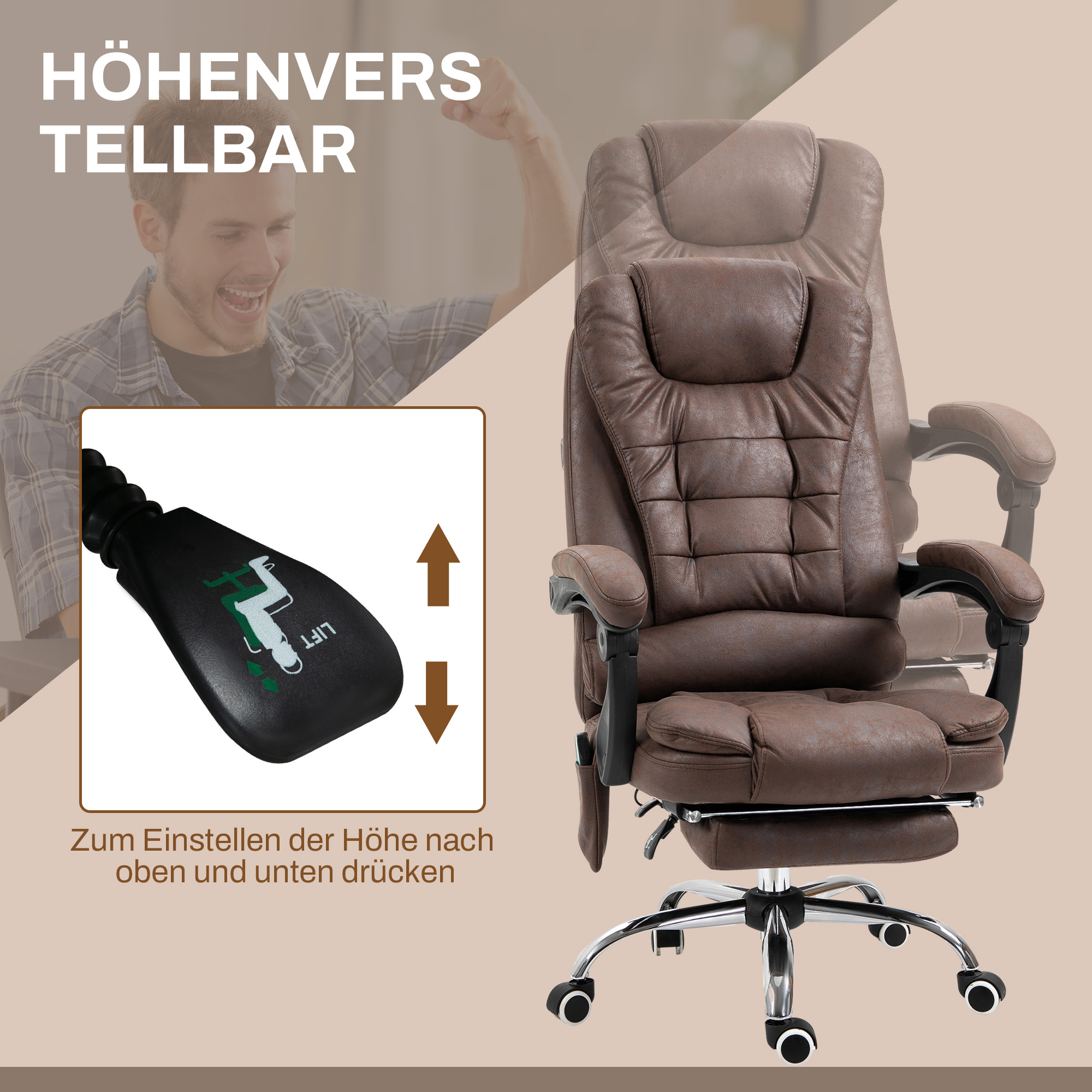 Massaažitool kontorisse, lamamis- ja soojendusfunktsiooniga, pöörlev, ergonoomiline, kuni 120 kg, pruun