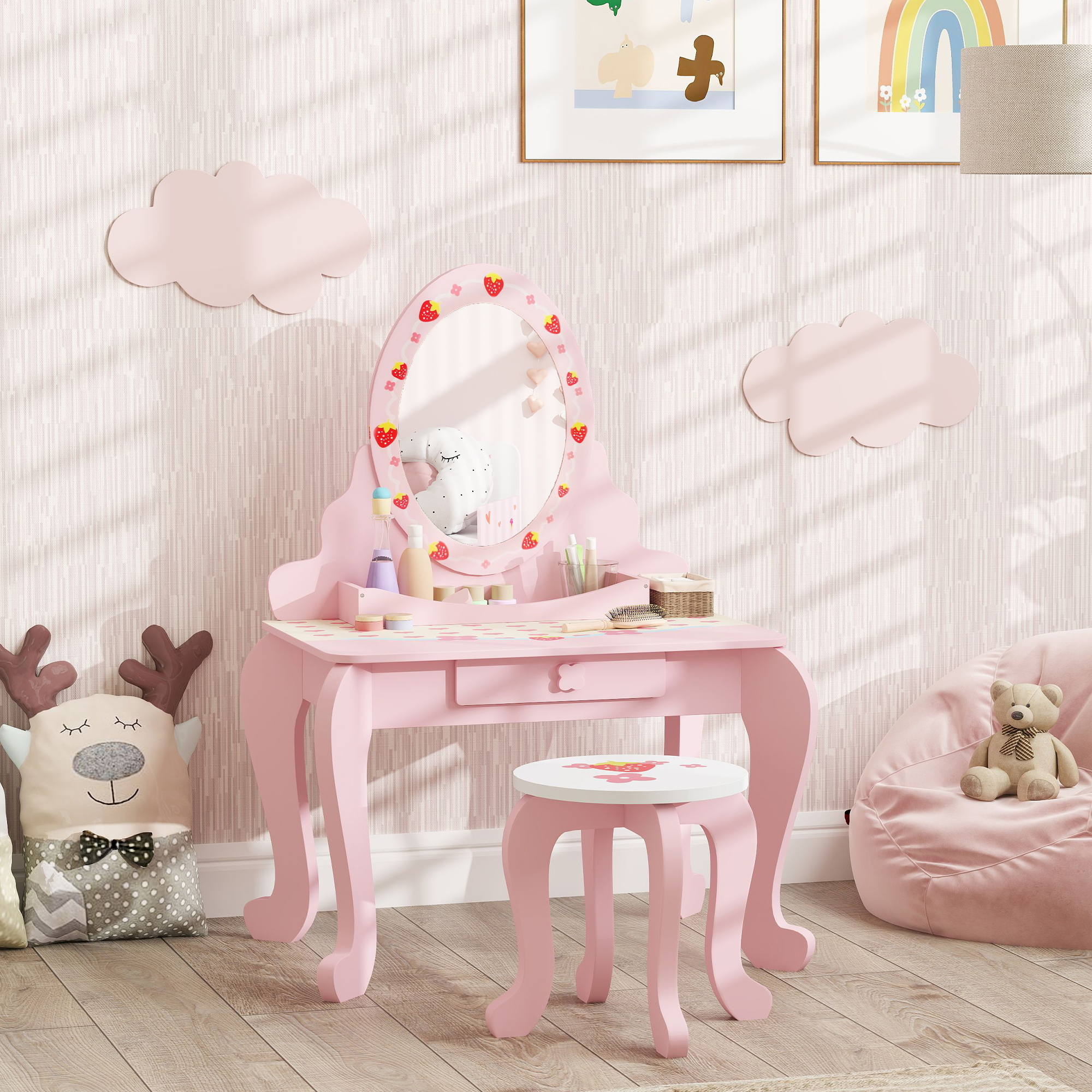 AIYAPLAY Kids Dressing Table Set, Vanity Table with Stool, Mirror, Drawer, Desktop, Storage, Strawberry-Theme, Pink 2