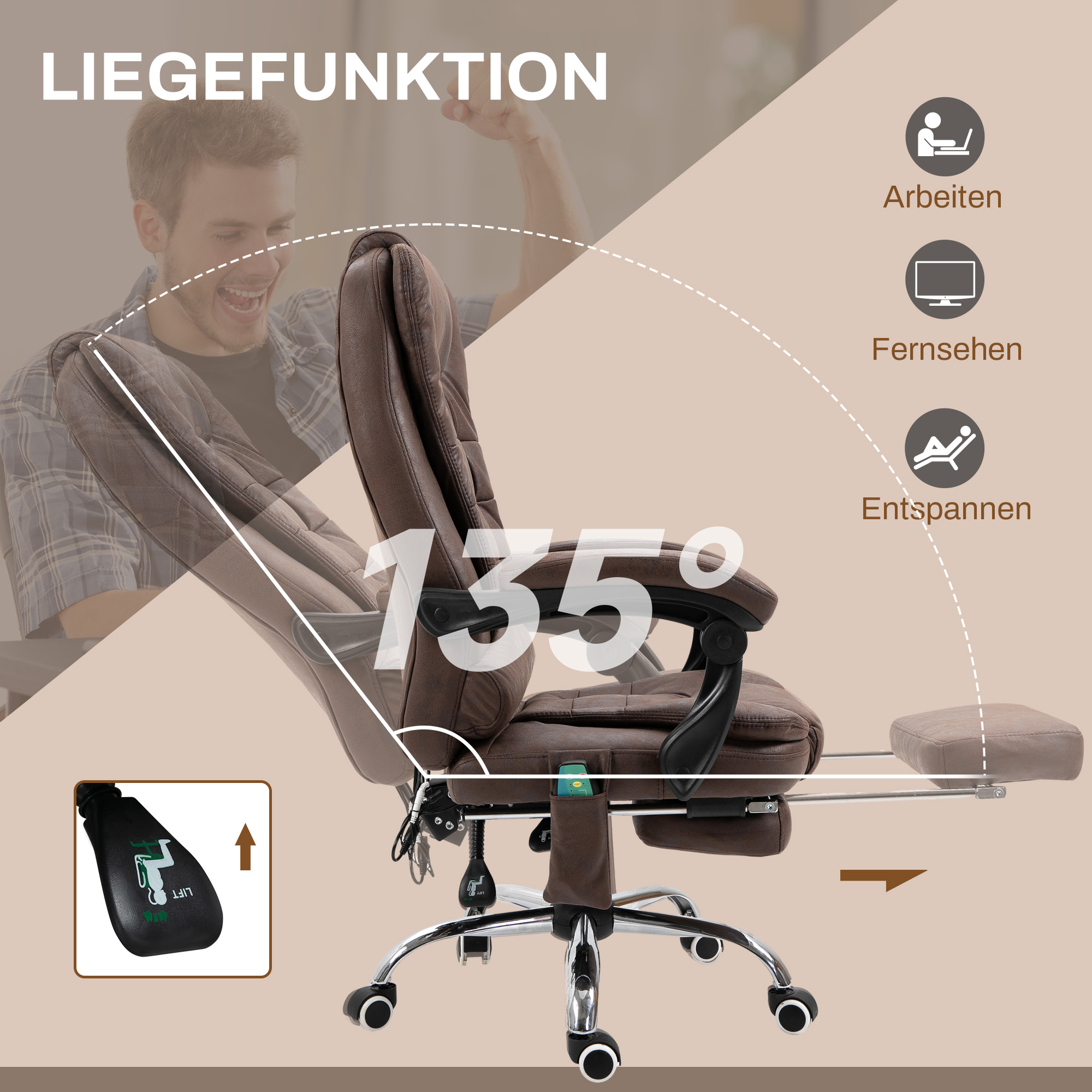Massaažitool kontorisse, lamamis- ja soojendusfunktsiooniga, pöörlev, ergonoomiline, kuni 120 kg, pruun