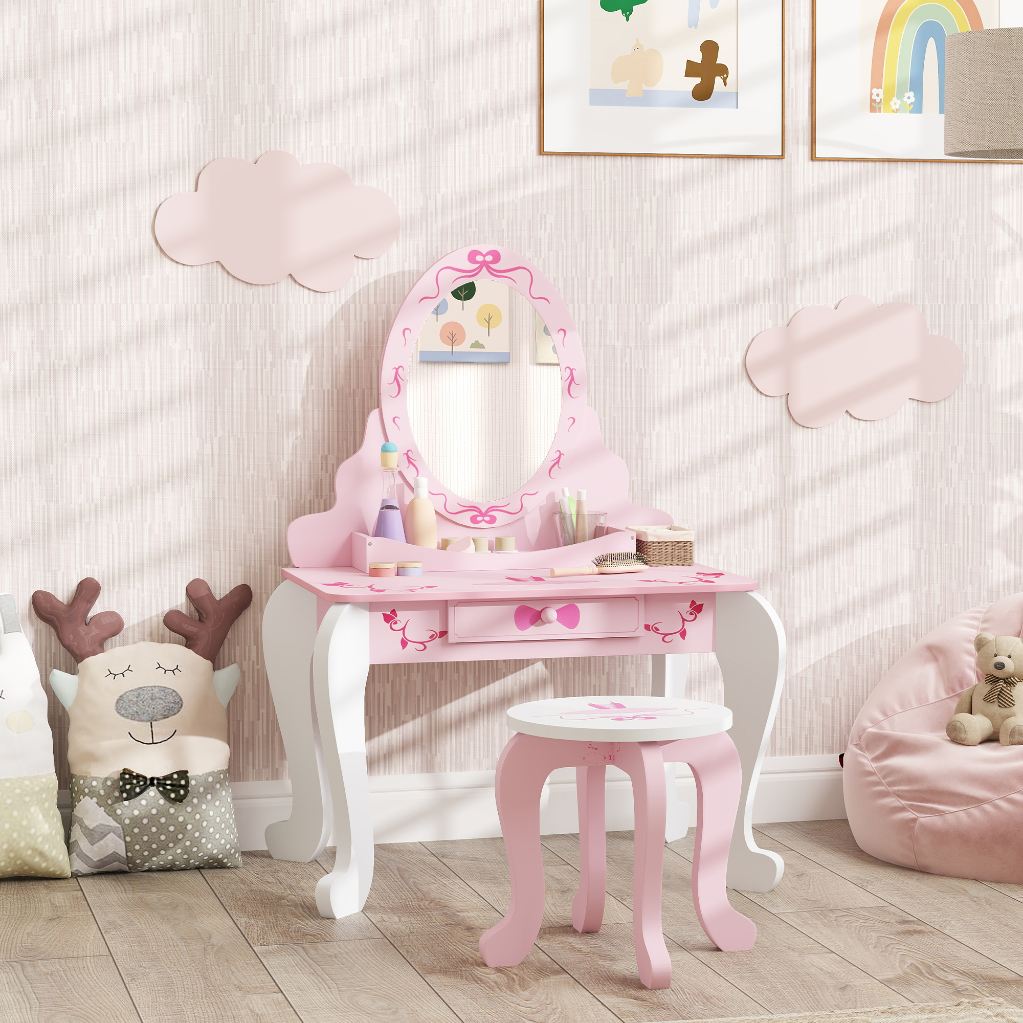 AIYAPLAY Kids Dressing Table Set, Vanity Table with Stool, Mirror, Drawer, Desktop, Storage, Ballet-Theme, Pink 2
