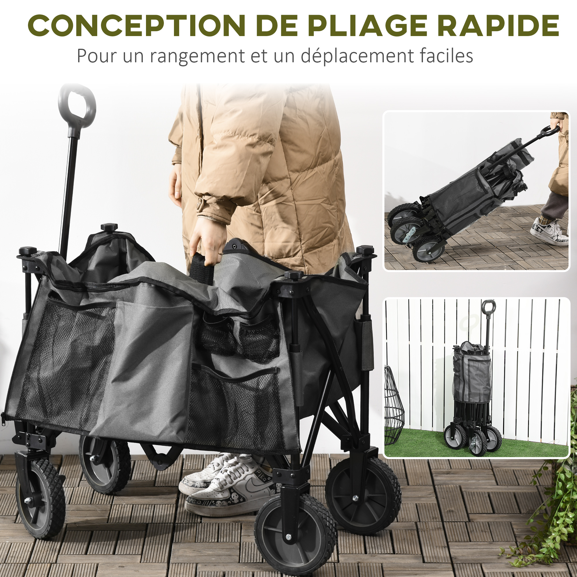 Outsunny Chariot Jardin Pliable 130 L – 120 Kg Capacité, Sac Amovible Oxford, Roues Tout-Terrain, Poignée Rotative 180°