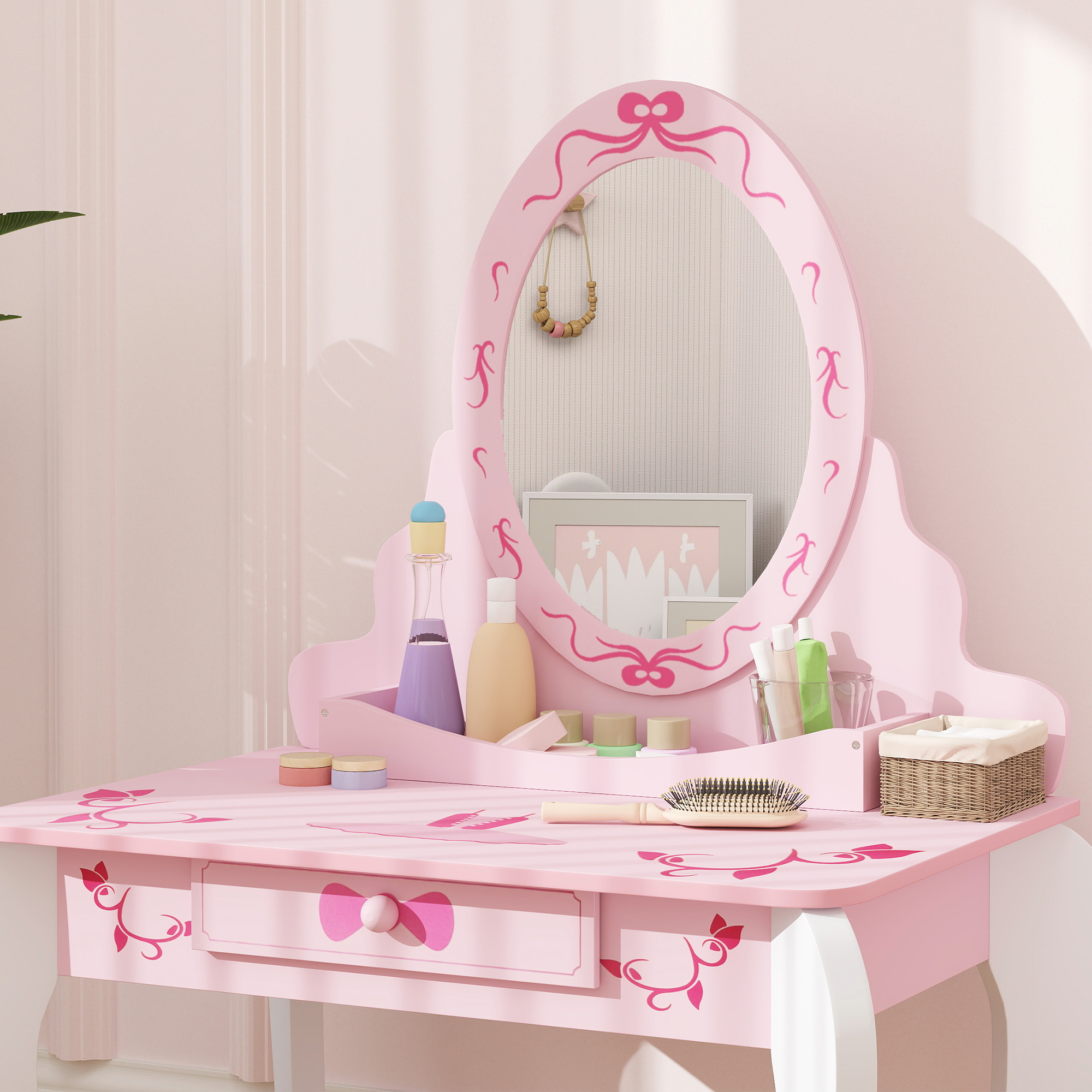 AIYAPLAY Kids Dressing Table Set, Vanity Table with Stool, Mirror, Drawer, Desktop, Storage, Ballet-Theme, Pink 9