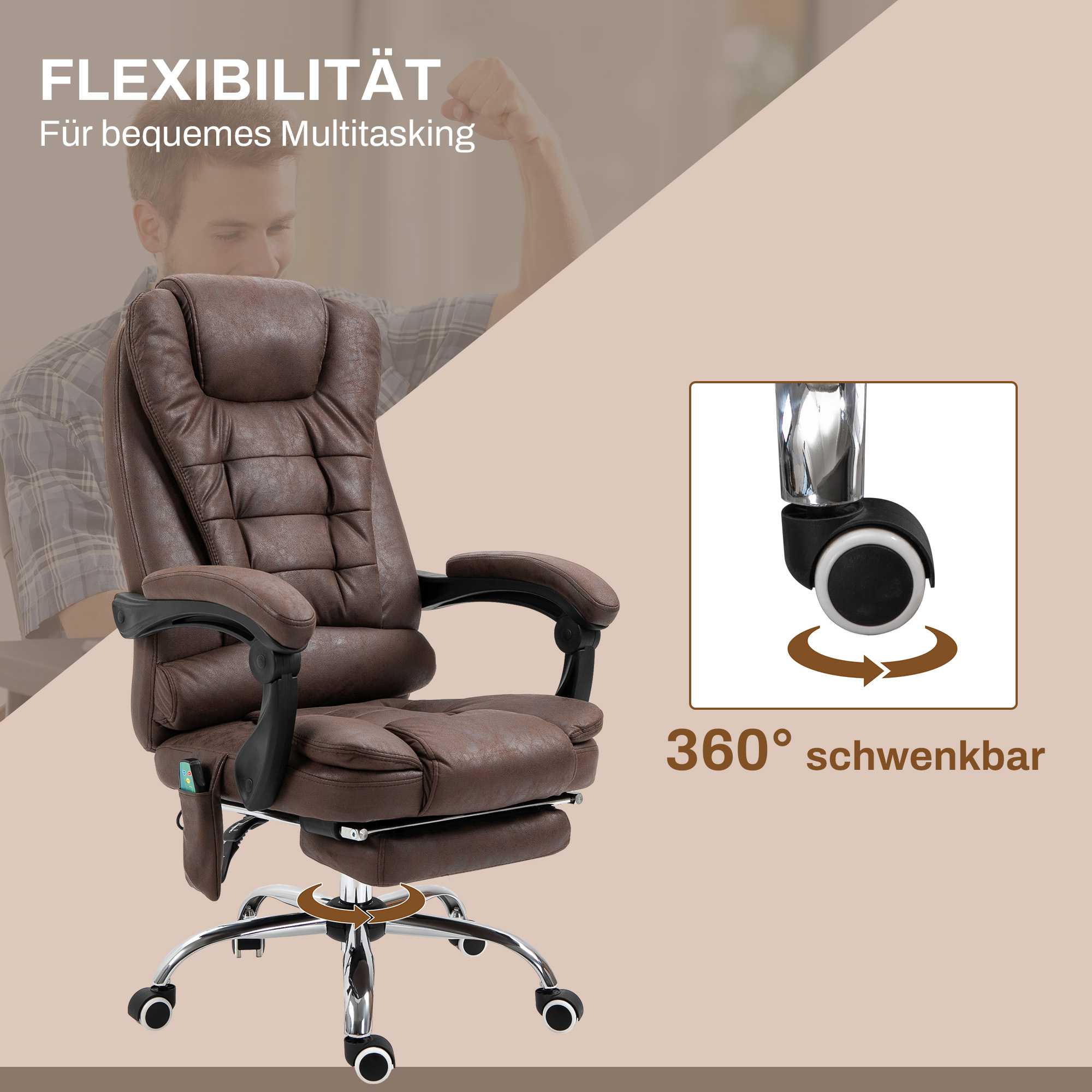 Massaažitool kontorisse, lamamis- ja soojendusfunktsiooniga, pöörlev, ergonoomiline, kuni 120 kg, pruun