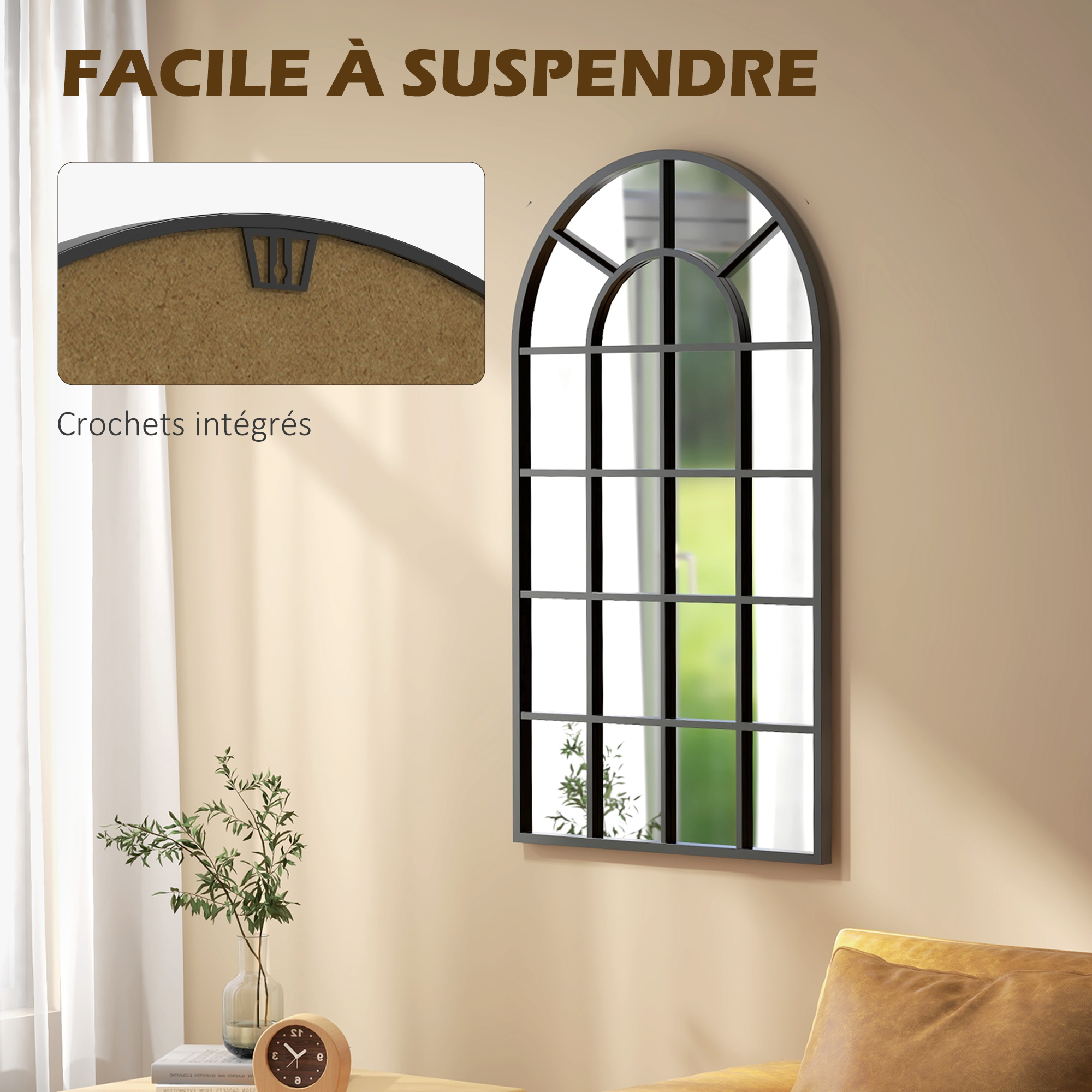 Miroir Verrière Arche 110x65cm HOMCOM - Style Industriel, Noir - Déco Salon, Entrée