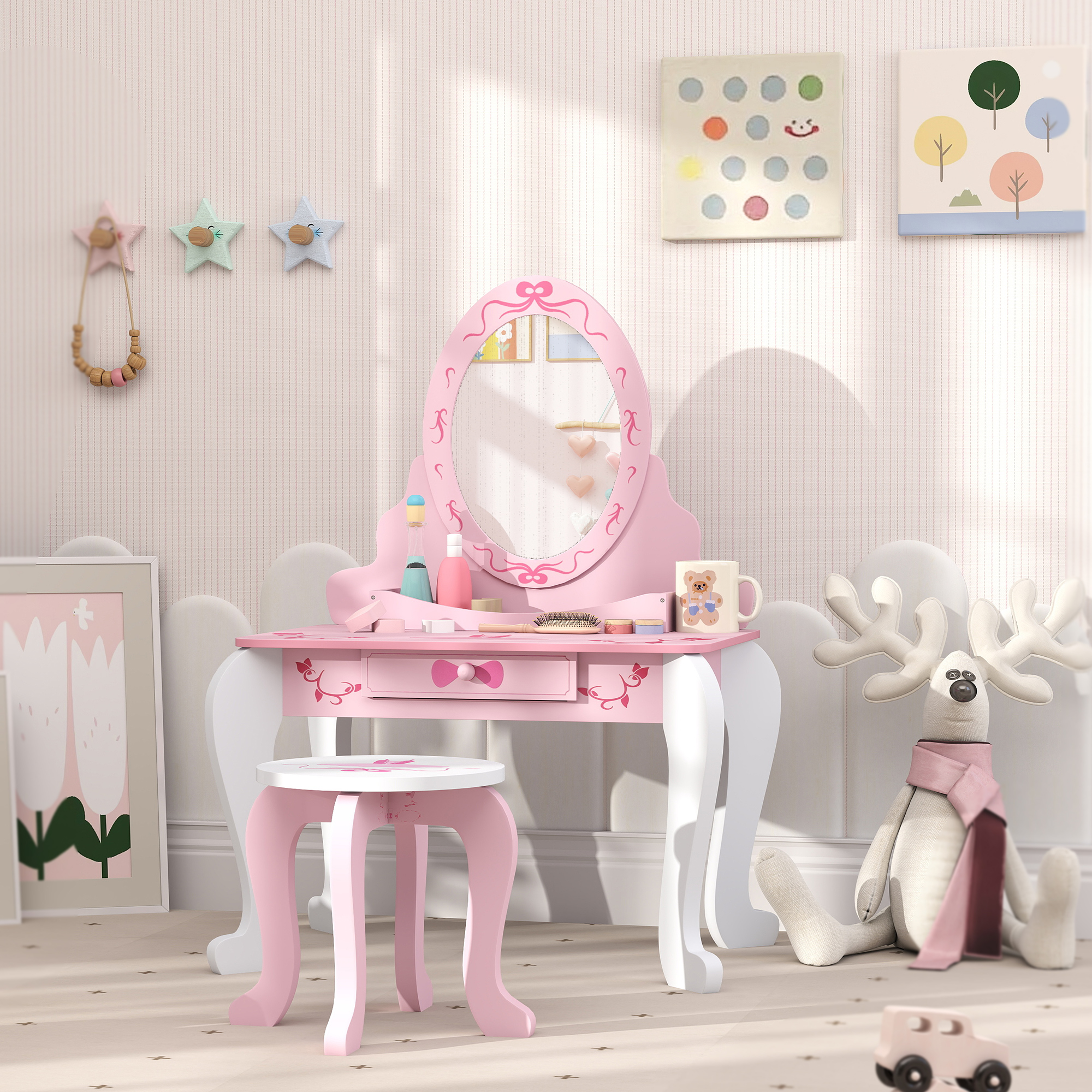 AIYAPLAY Kids Dressing Table Set, Vanity Table with Stool, Mirror, Drawer, Desktop, Storage, Ballet-Theme, Pink 7