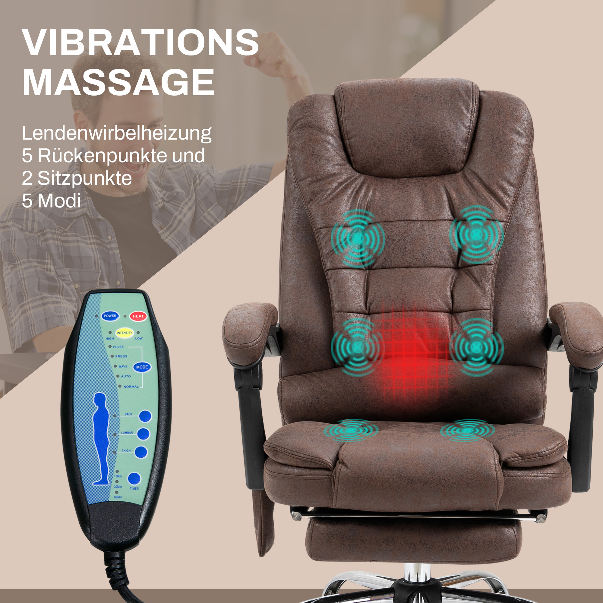 Massaažitool kontorisse, lamamis- ja soojendusfunktsiooniga, pöörlev, ergonoomiline, kuni 120 kg, pruun