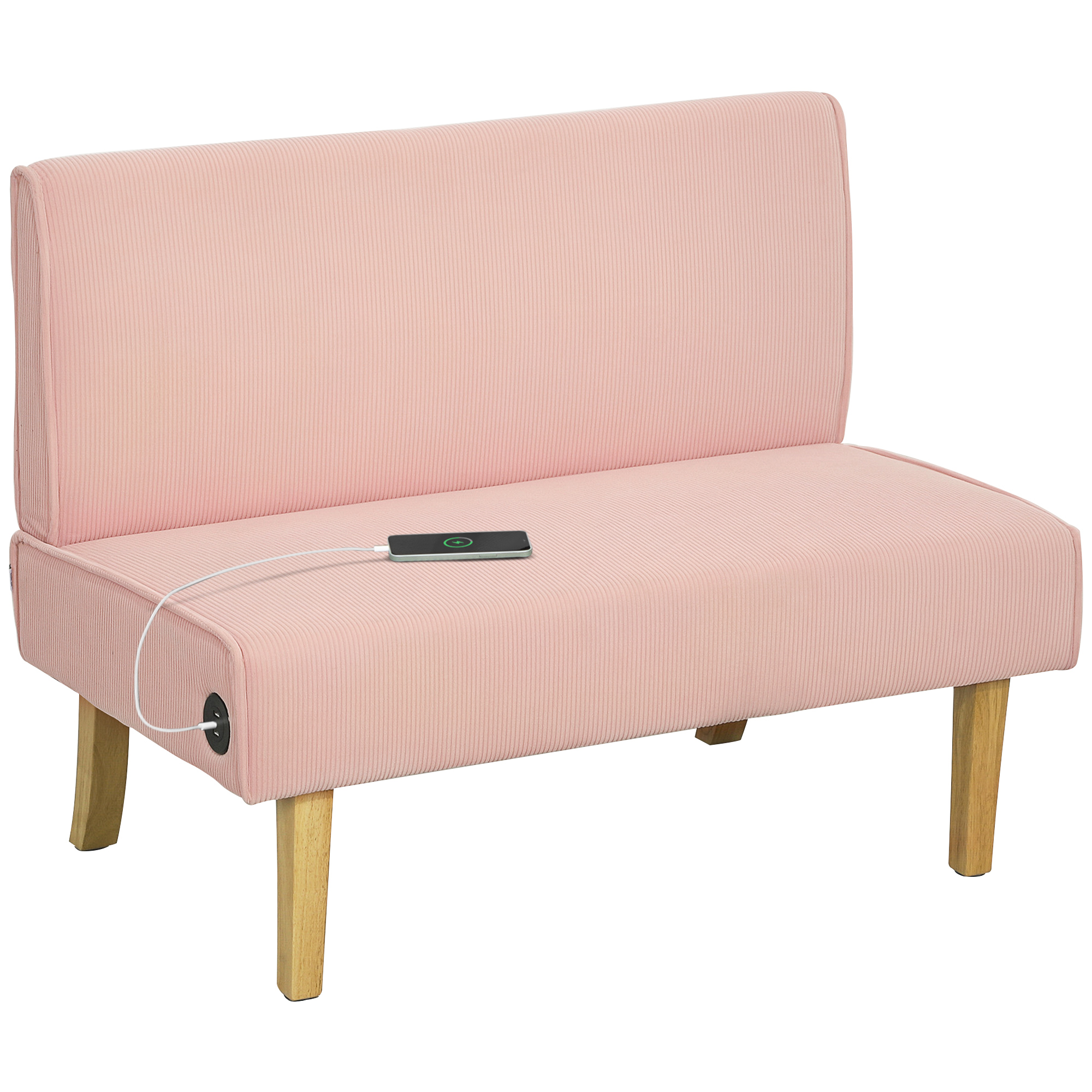 HOMCOM Sofá de 2 Plazas Tapizado en Pana con 2 Puertos USB 1 Puerto Tipo-C y Patas de Madera Carga 240 kg 110x60x85 cm Rosa