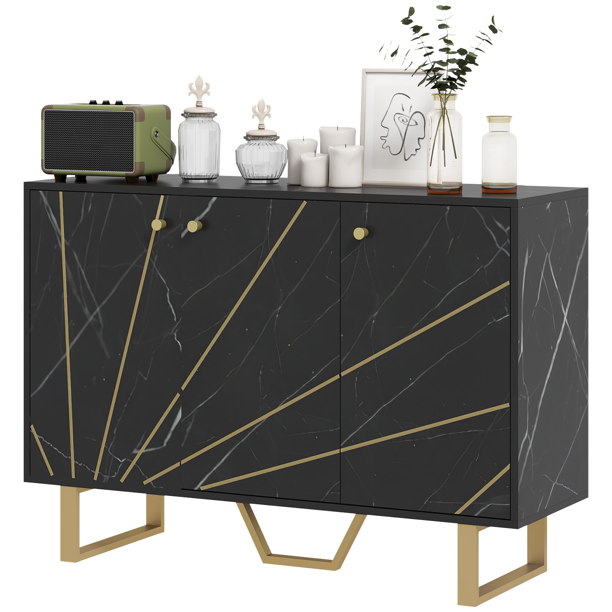 HOMCOM Aufbewahrungsschrank Sideboard für Wohnzimmer mit 2 Schränken 3 Türen und verstellbaren Regalen, Metallbeine - Maße: 107L x 35B x 75H cm, schwarzer Marmoroptik Aosom