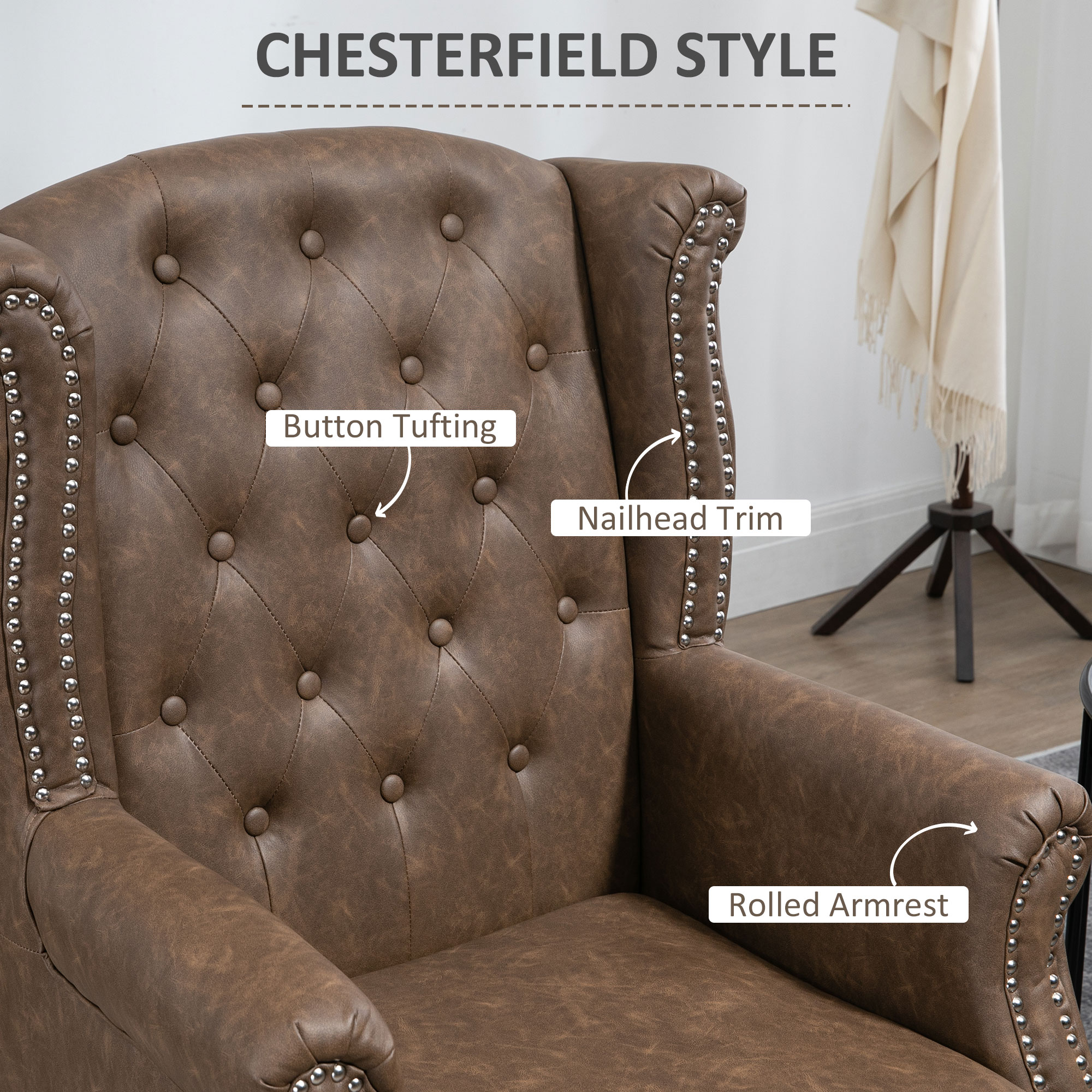 HOMCOM Wingback Accent Chair Tufted Chesterfield-style Armchair with Nail Head Trim for Living Room Bedroom Brown 5