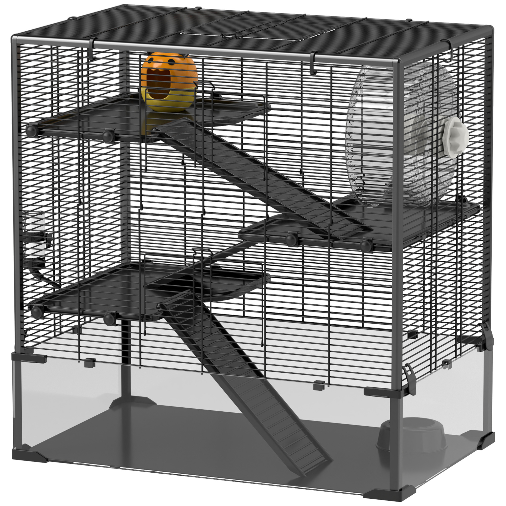 Comparer les prix de PawHut Cage pour hamster avec fond en verre, cage pour hamsters nains à quatre niveaux avec cabane et accessoires, 78,5L x 48,5l x 80H cm, Noir