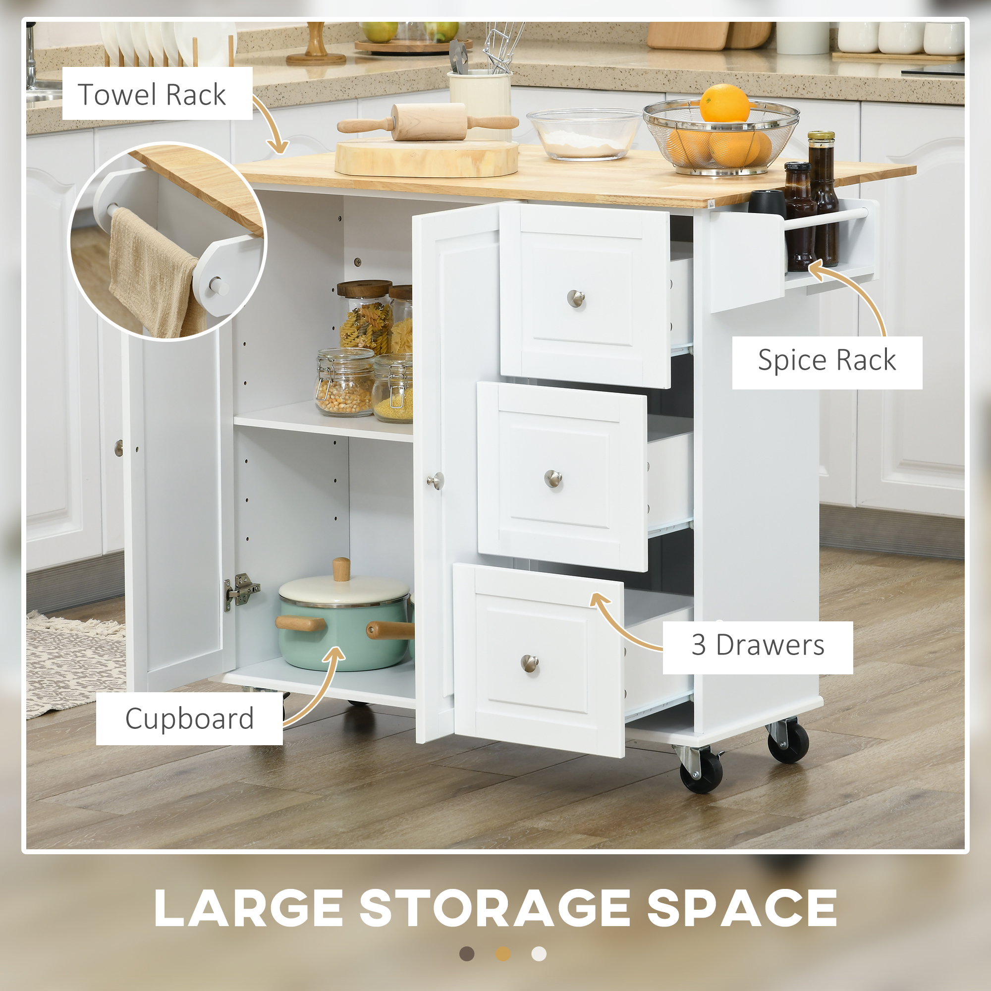 HOMCOM Kitchen Island with Drop Leaf, Rolling Kitchen Storage Trolley on Wheels with 3 Drawers, Spice Rack and Towel Rack, Storage Cart with Rubber Wood Top, White 5
